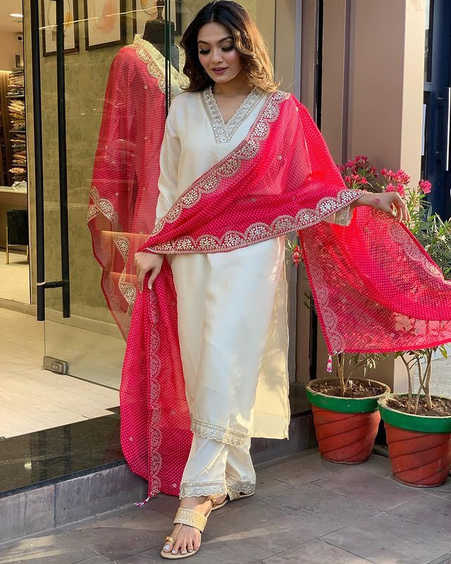 Women's Viscose Embroidered Straight Kurta with Viscose Pant &  Pure Georgette Printed Dupatta Set