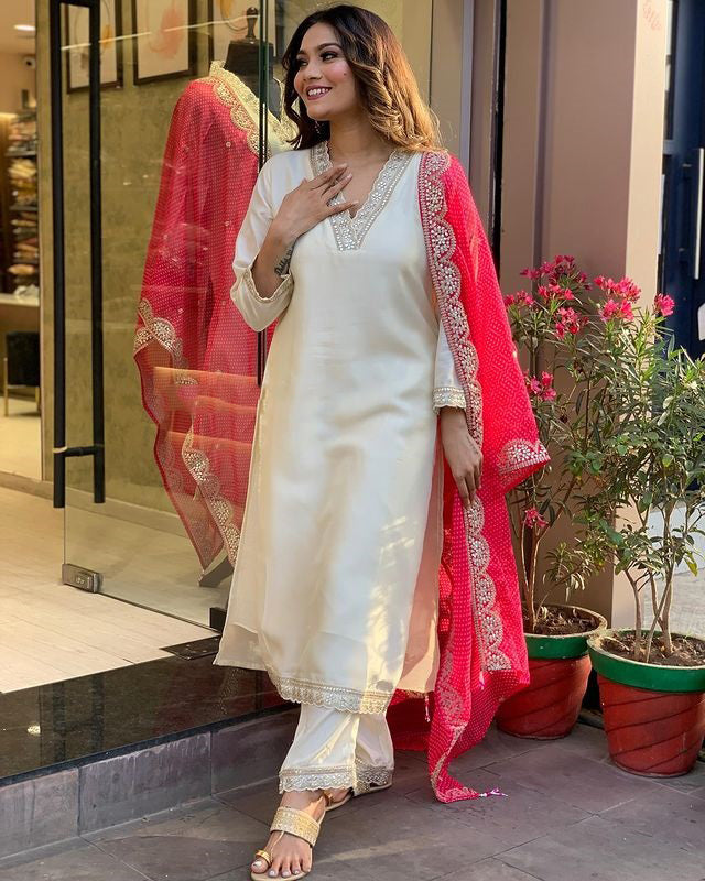 Women's Viscose Embroidered Straight Kurta with Viscose Pant &  Pure Georgette Printed Dupatta Set