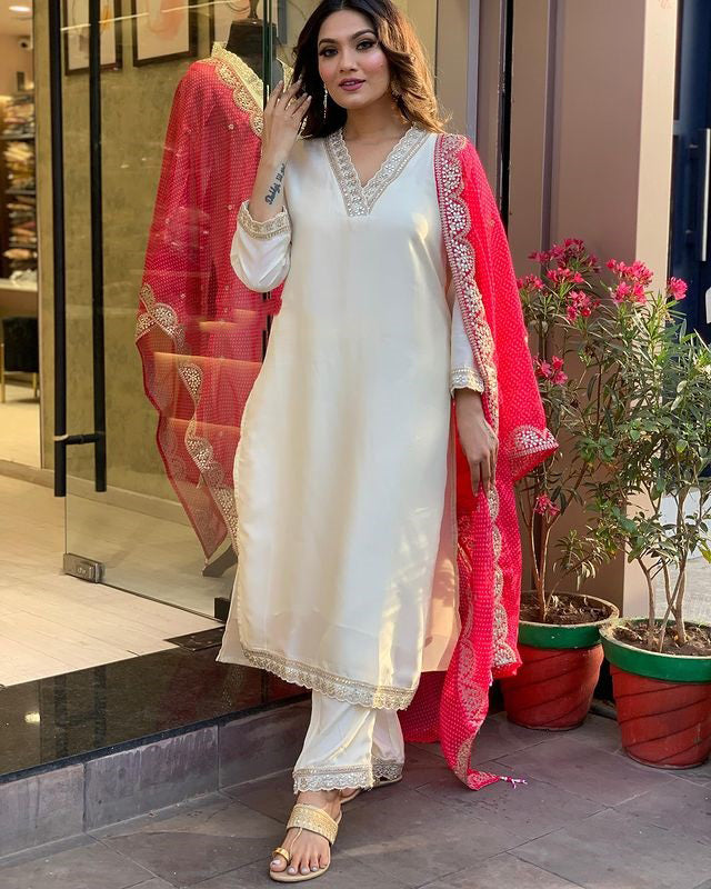 Women's Viscose Embroidered Straight Kurta with Viscose Pant &  Pure Georgette Printed Dupatta Set