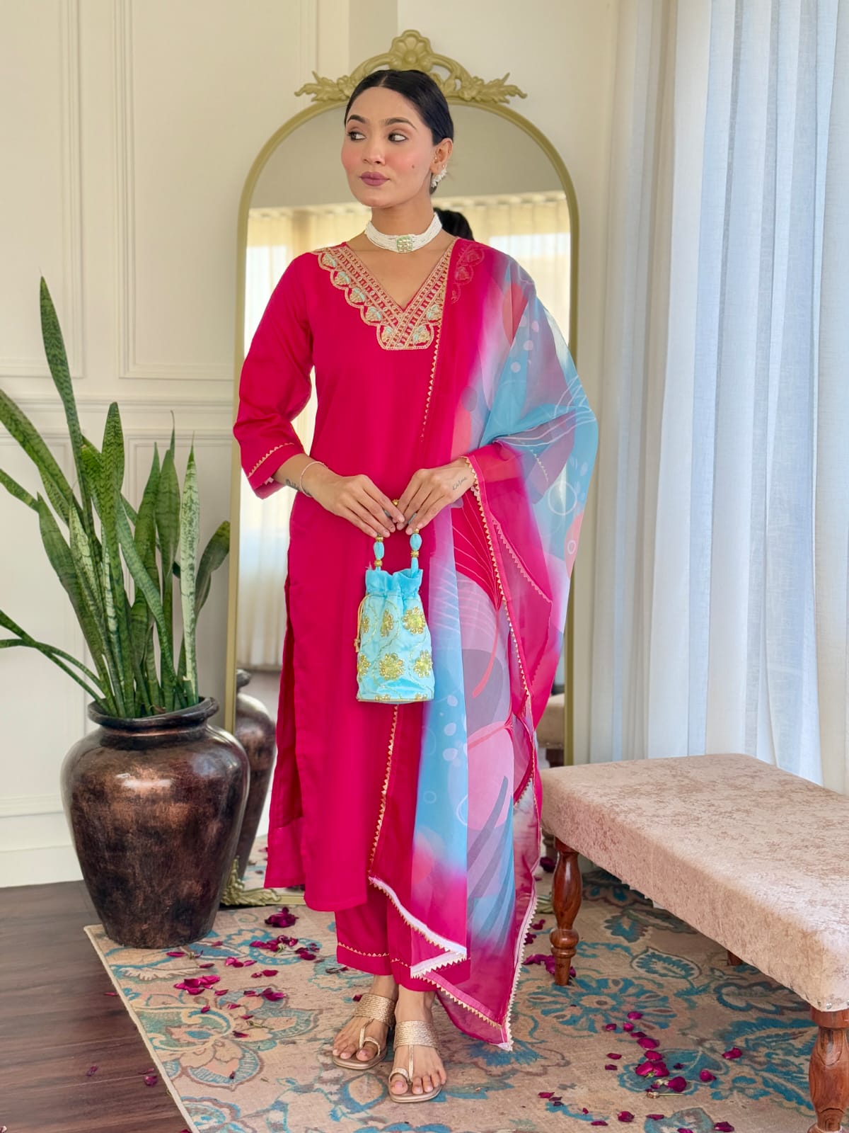 Women's Wine Rayon Slub Embroidered Straight Kurta with Rayon Slub Pant and Chinon Laced Dupatta Sets