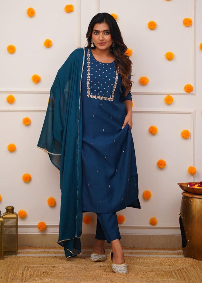Women's Rayon slub Embroidered Straight Kurta with Rayon slub Pant & Chinnon Dupatta Set