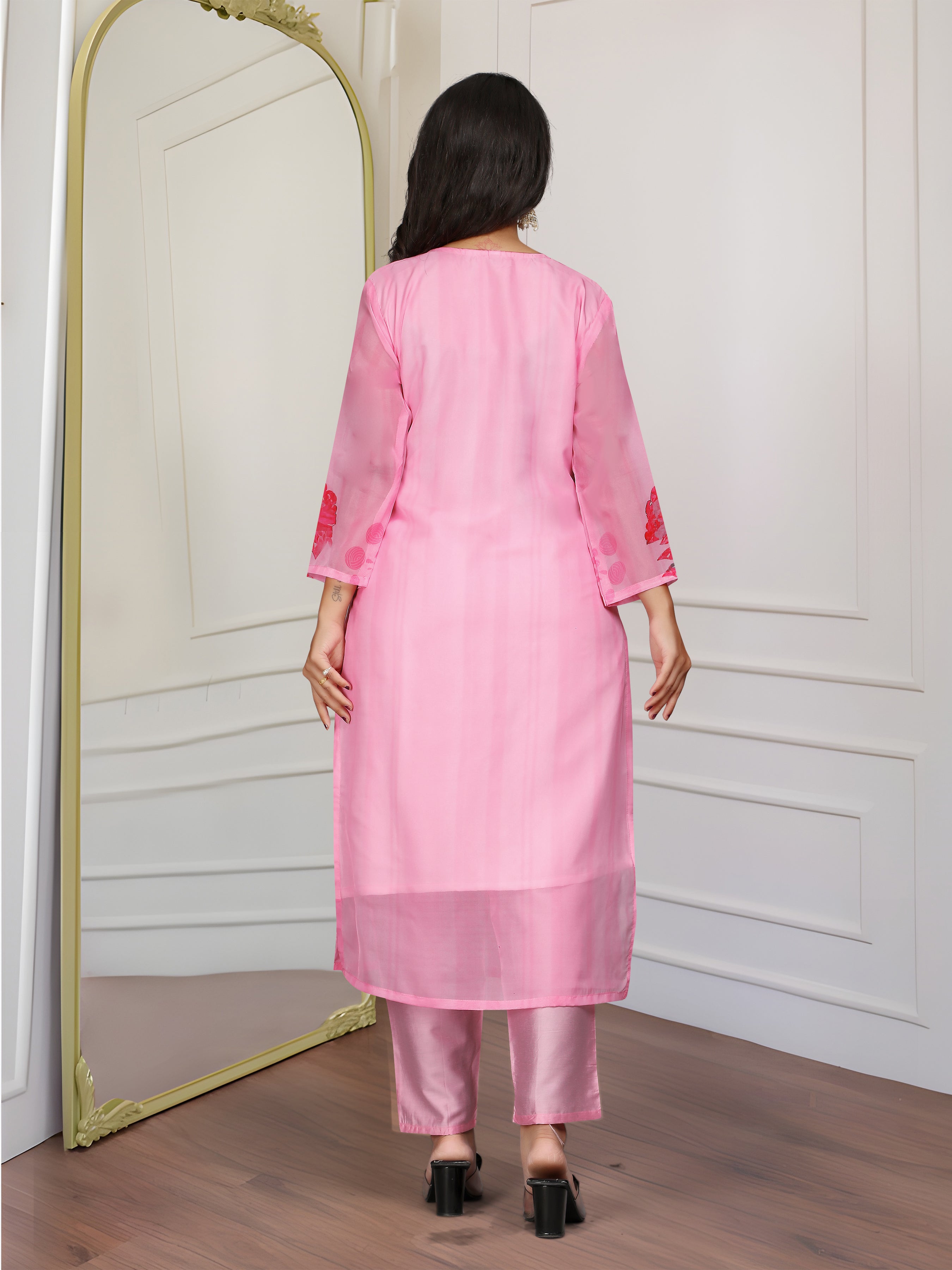 Women's Embroidered Straight Kurta with Viscose Rayon Pant & Organza(TABY) Printed Dupatta Set