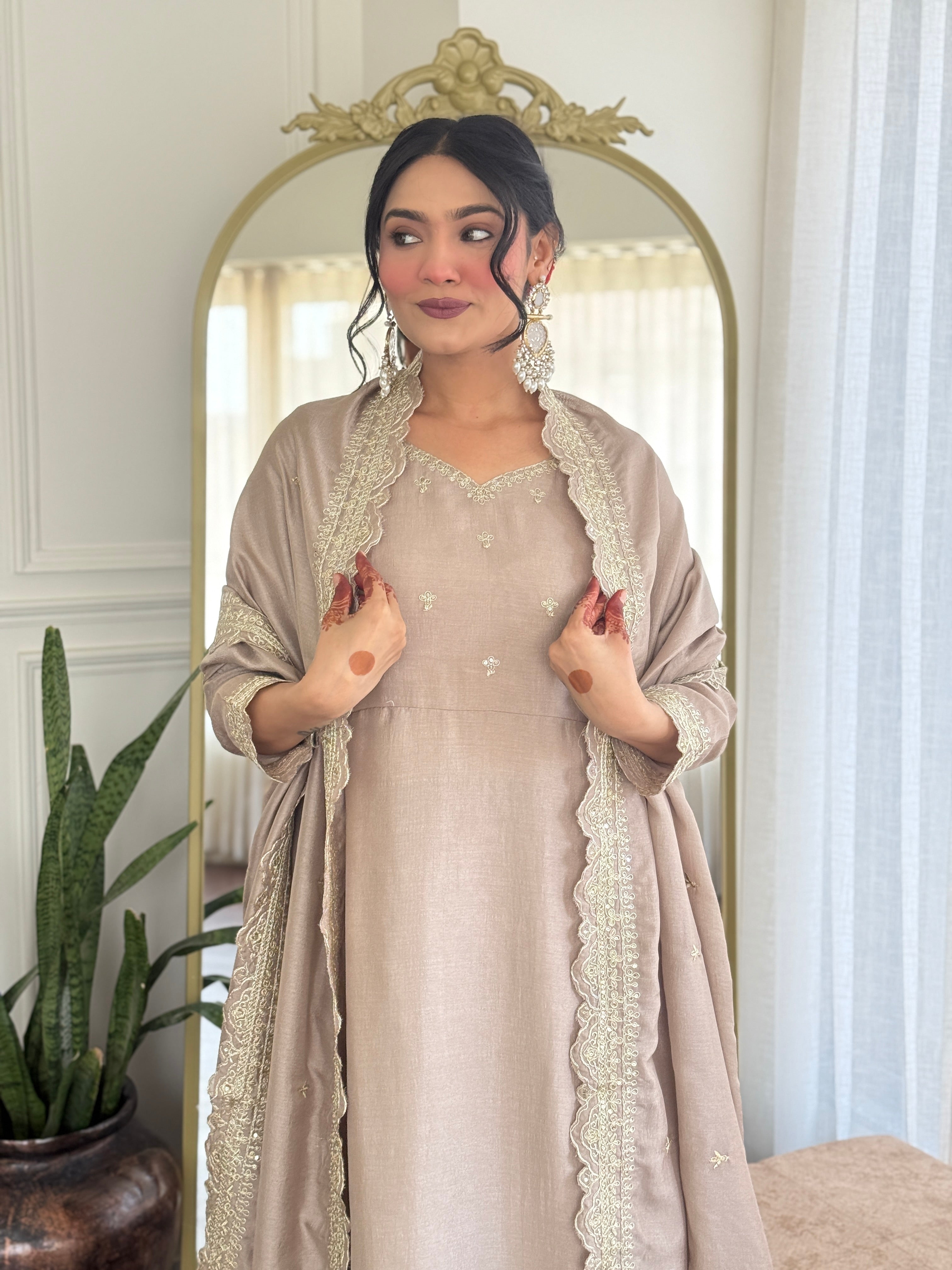 Women's Vichitra Silk Embroidered Anarkali style and Pant with Dupatta Set