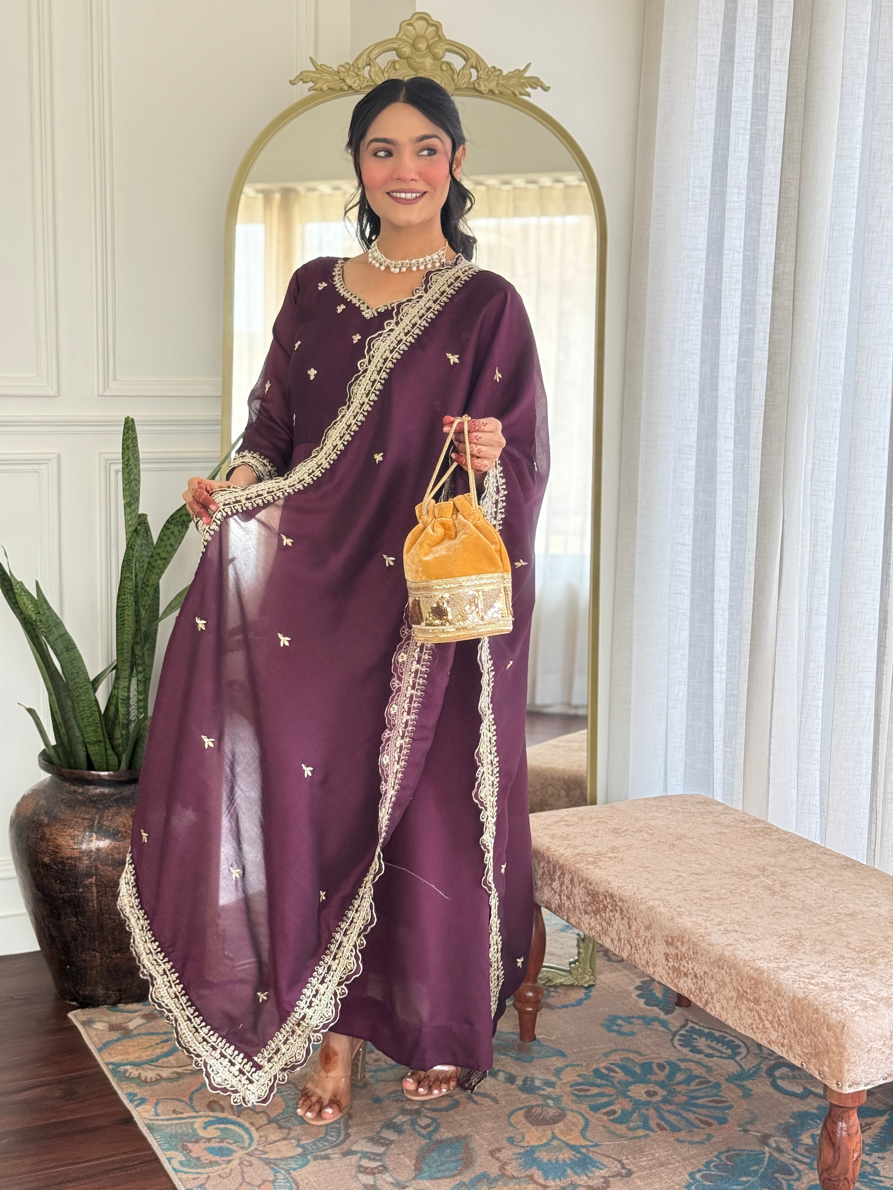 Women's Vichitra Silk Embroidered Anarkali style and Pant with Dupatta Set