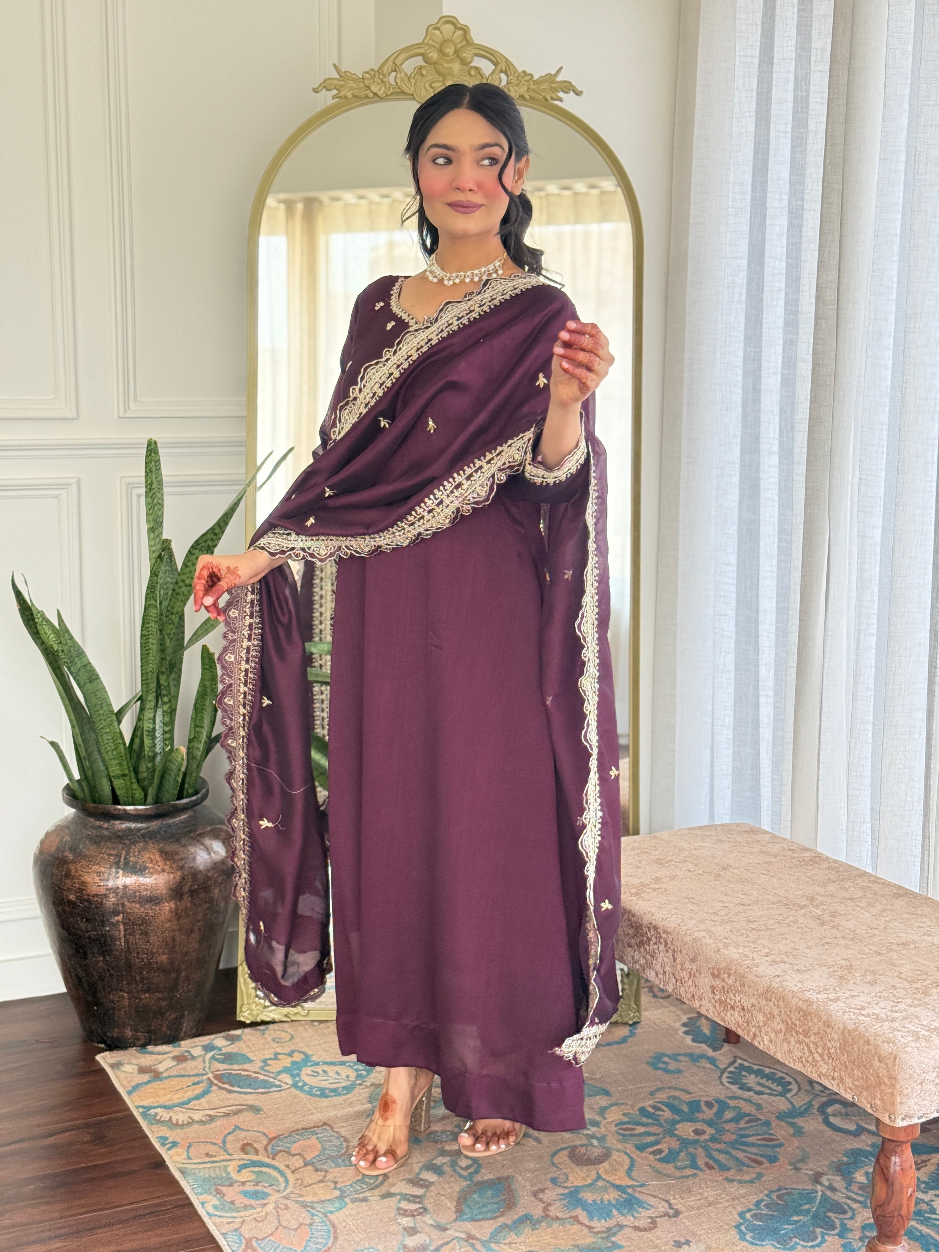 Women's Vichitra Silk Embroidered Anarkali style and Pant with Dupatta Set