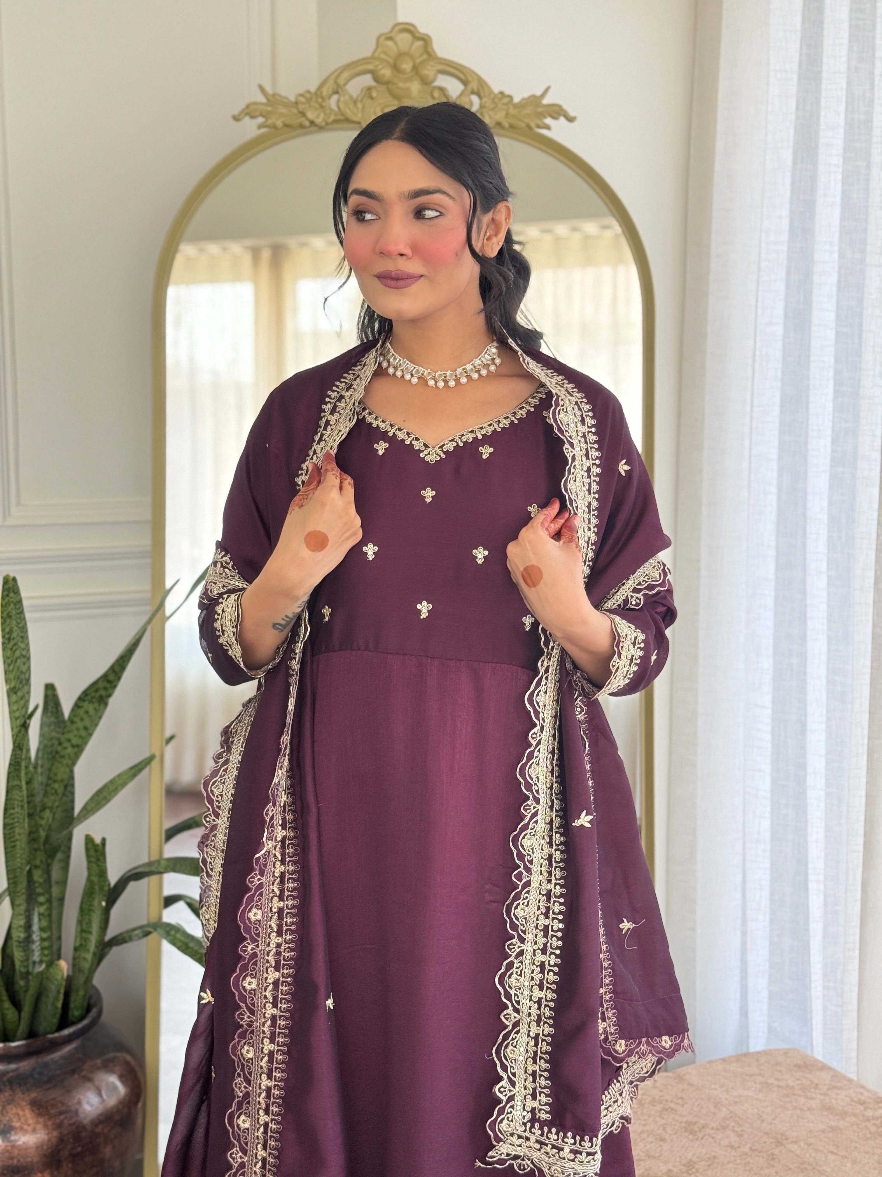 Women's Vichitra Silk Embroidered Anarkali style and Pant with Dupatta Set