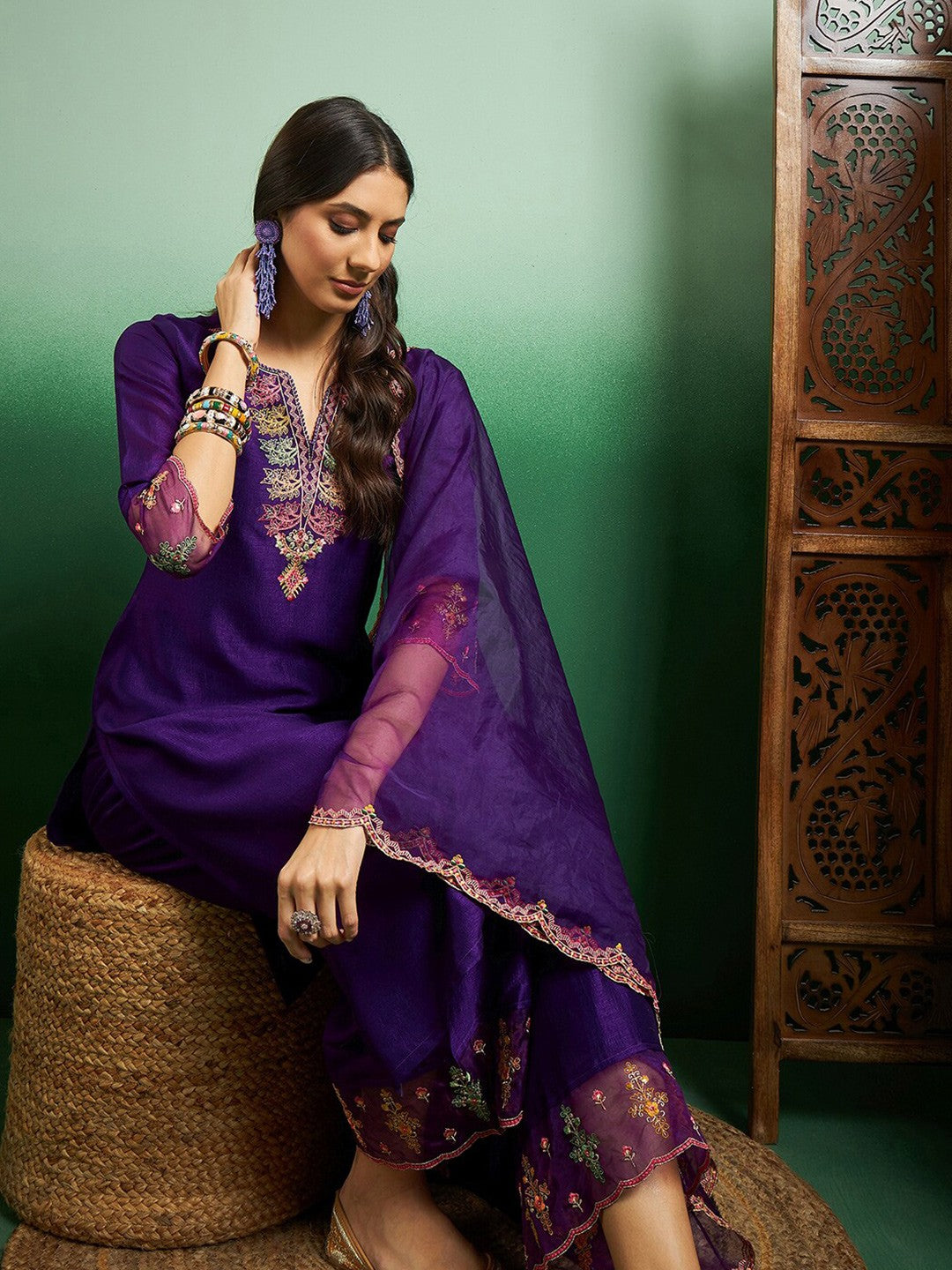 Women's Chanderi Embroidered Straight Kurta with Chanderi Pant & Organza Dupatta Set