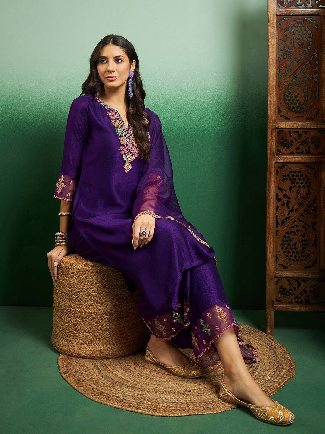Women's Chanderi Embroidered Straight Kurta with Chanderi Pant & Organza Dupatta Set