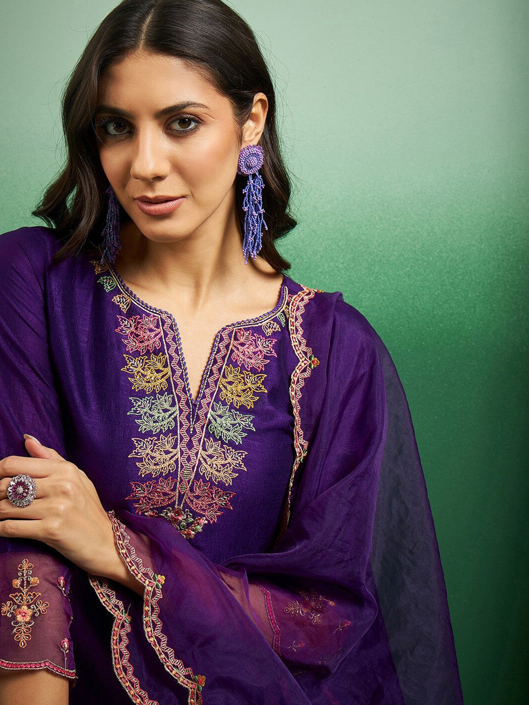 Women's Chanderi Embroidered Straight Kurta with Chanderi Pant & Organza Dupatta Set