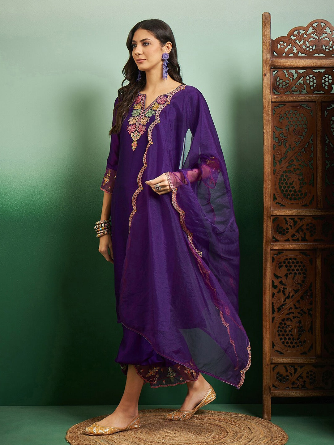 Women's Chanderi Embroidered Straight Kurta with Chanderi Pant & Organza Dupatta Set
