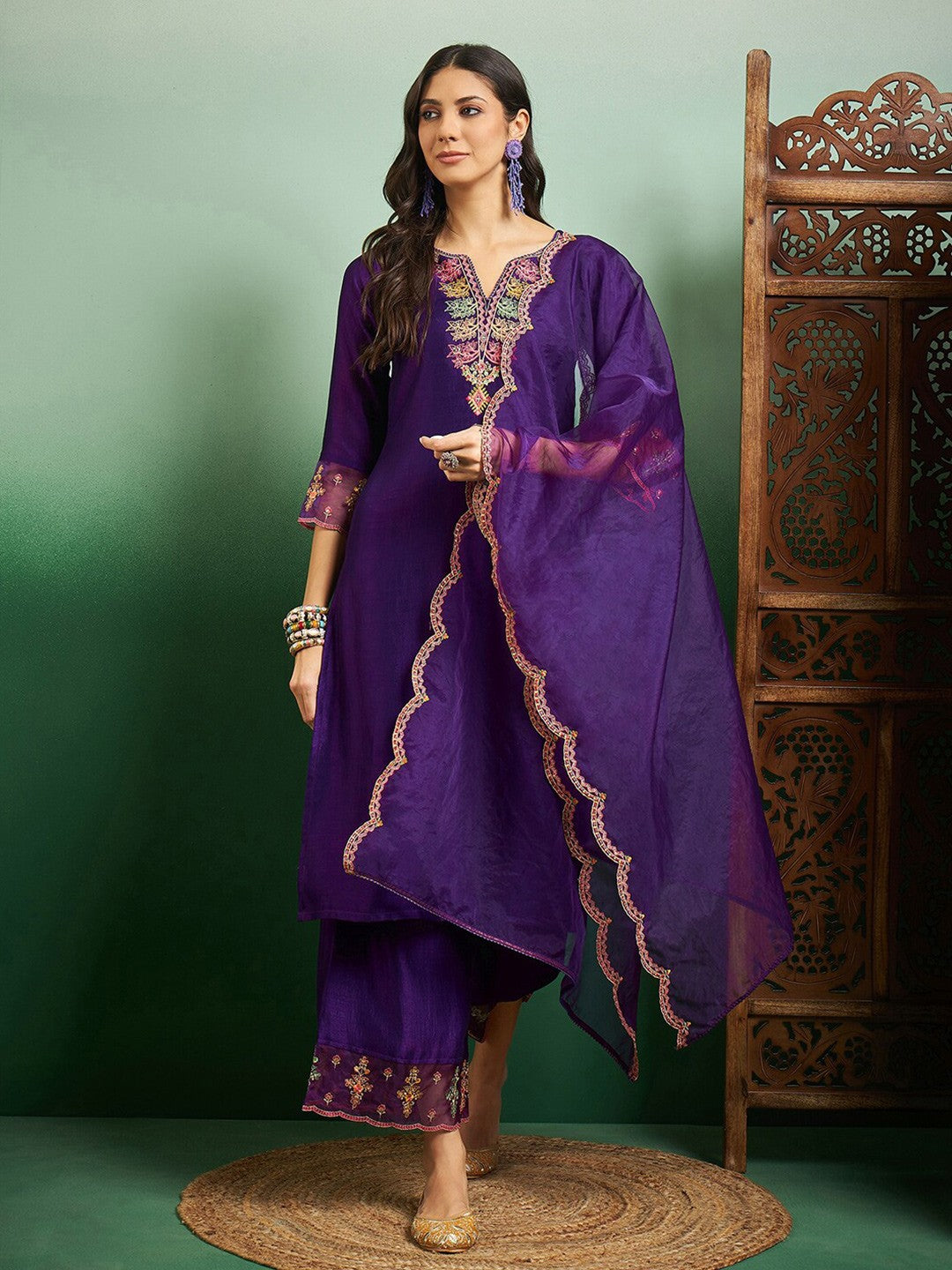 Women's Chanderi Embroidered Straight Kurta with Chanderi Pant & Organza Dupatta Set