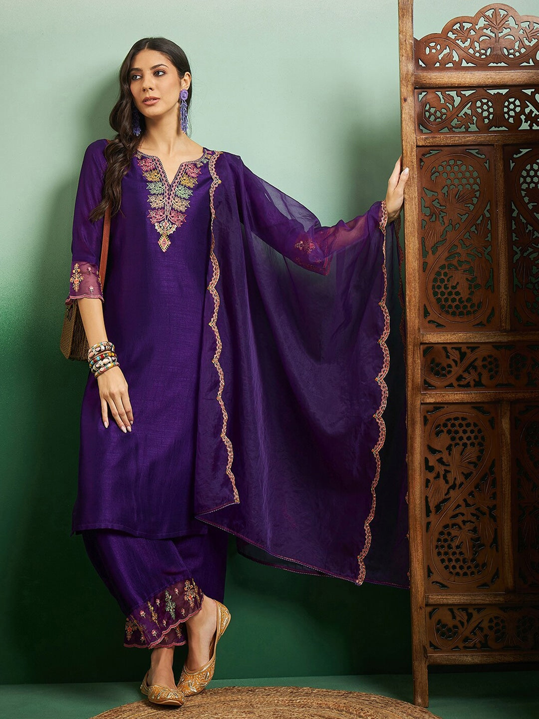 Women's Chanderi Embroidered Straight Kurta with Chanderi Pant & Organza Dupatta Set
