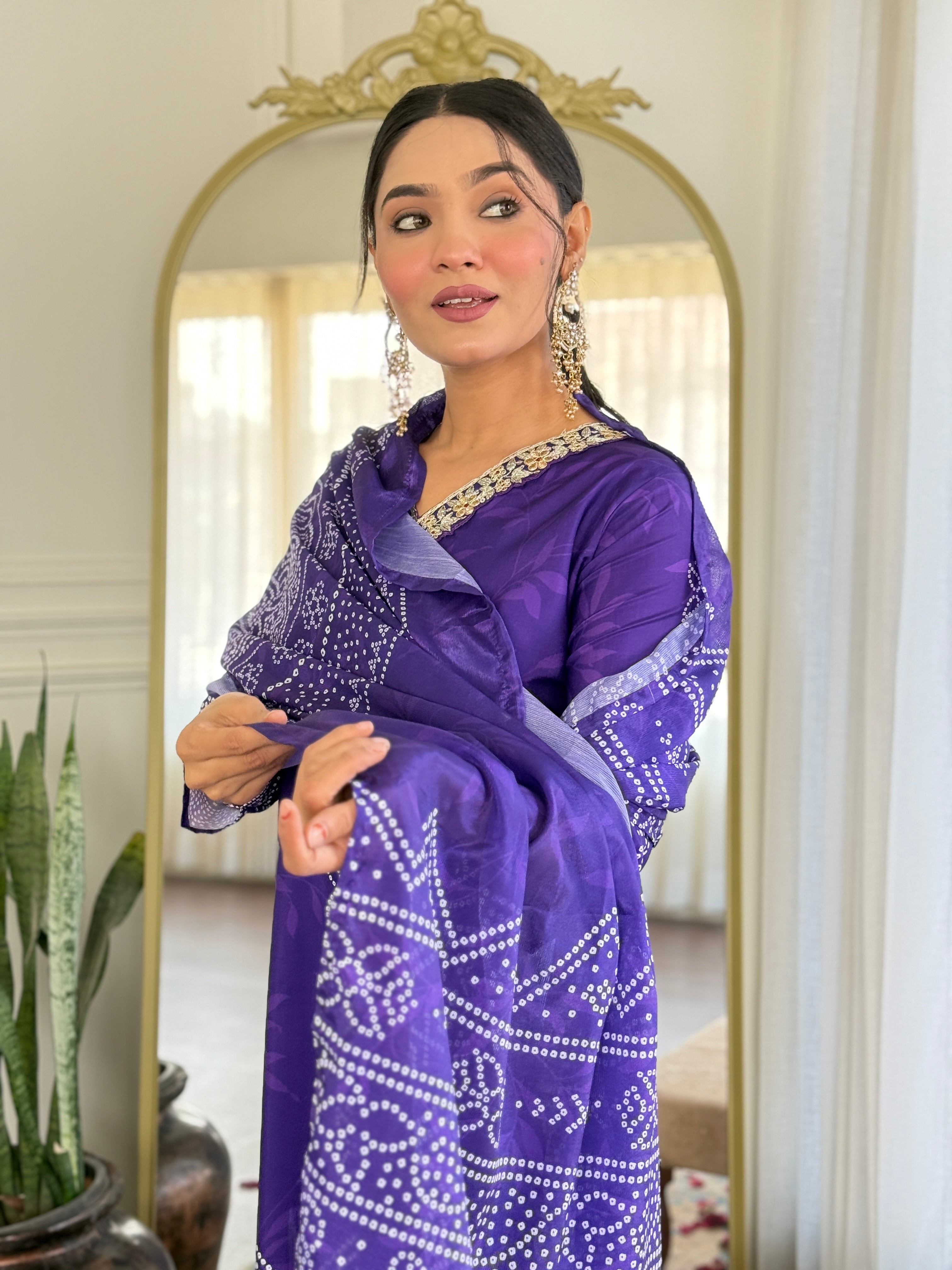 Crepe Bandhani Printed Pant-Bottom Readymade Salwar Kameez For Traditional / Religious-Wear