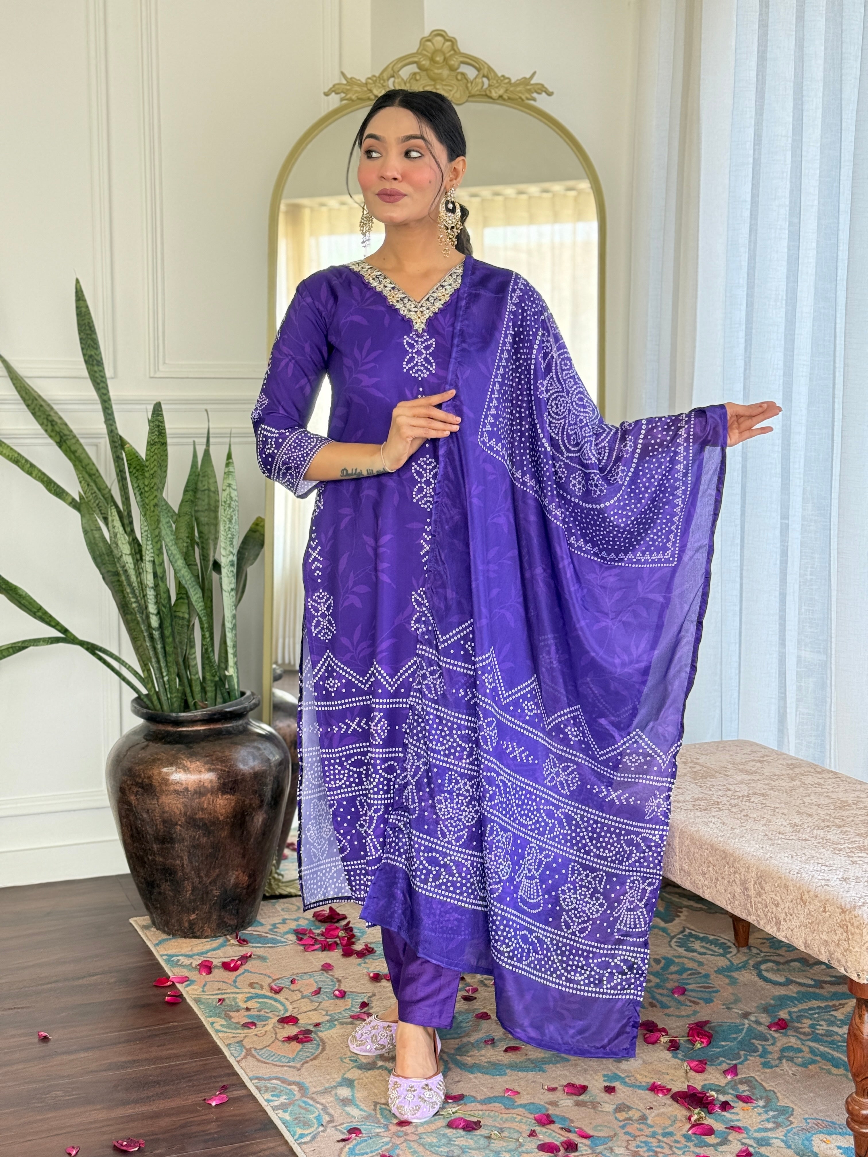 Crepe Bandhani Printed Pant-Bottom Readymade Salwar Kameez For Traditional / Religious-Wear