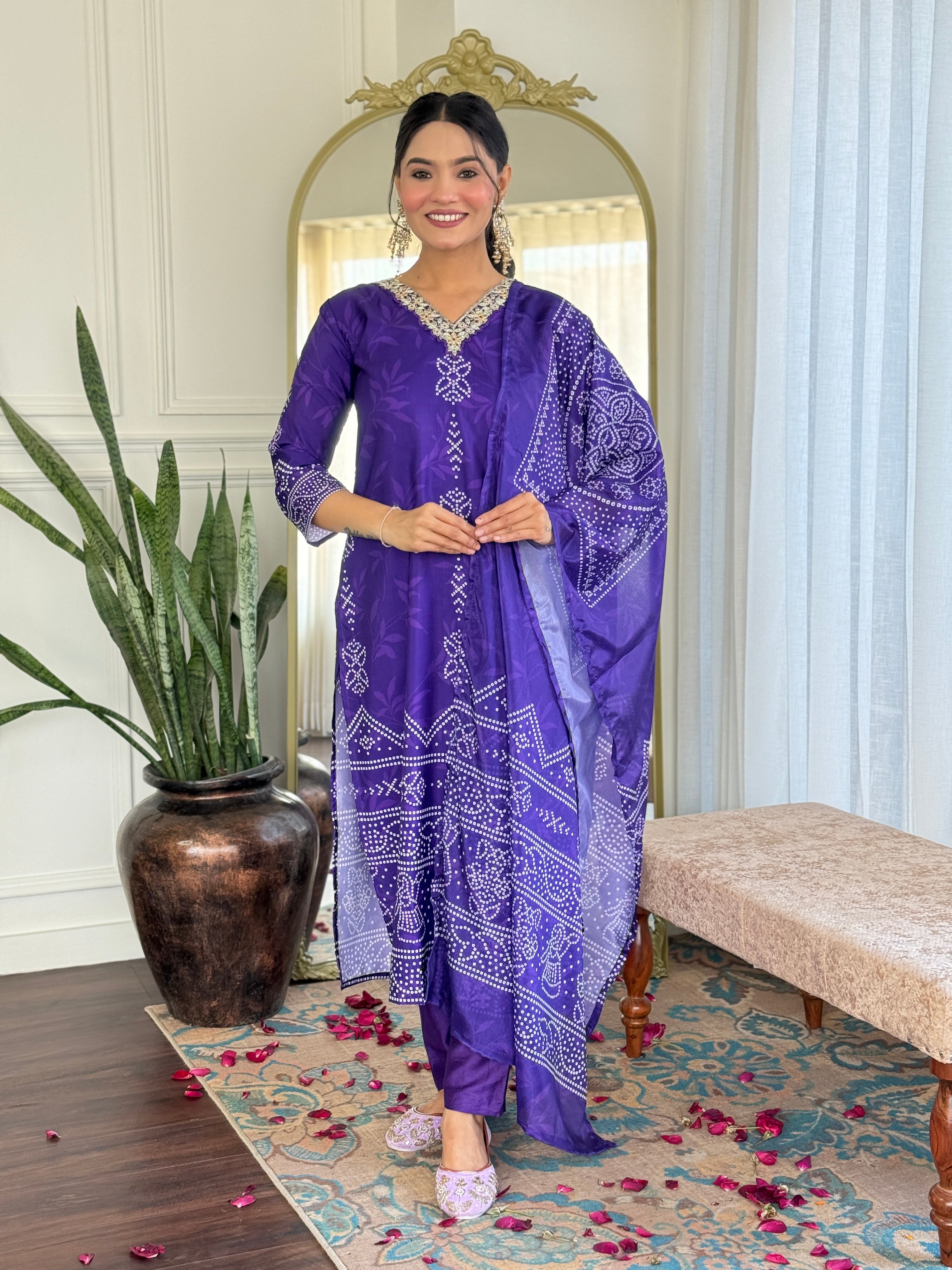Crepe Bandhani Printed Pant-Bottom Readymade Salwar Kameez For Traditional / Religious-Wear