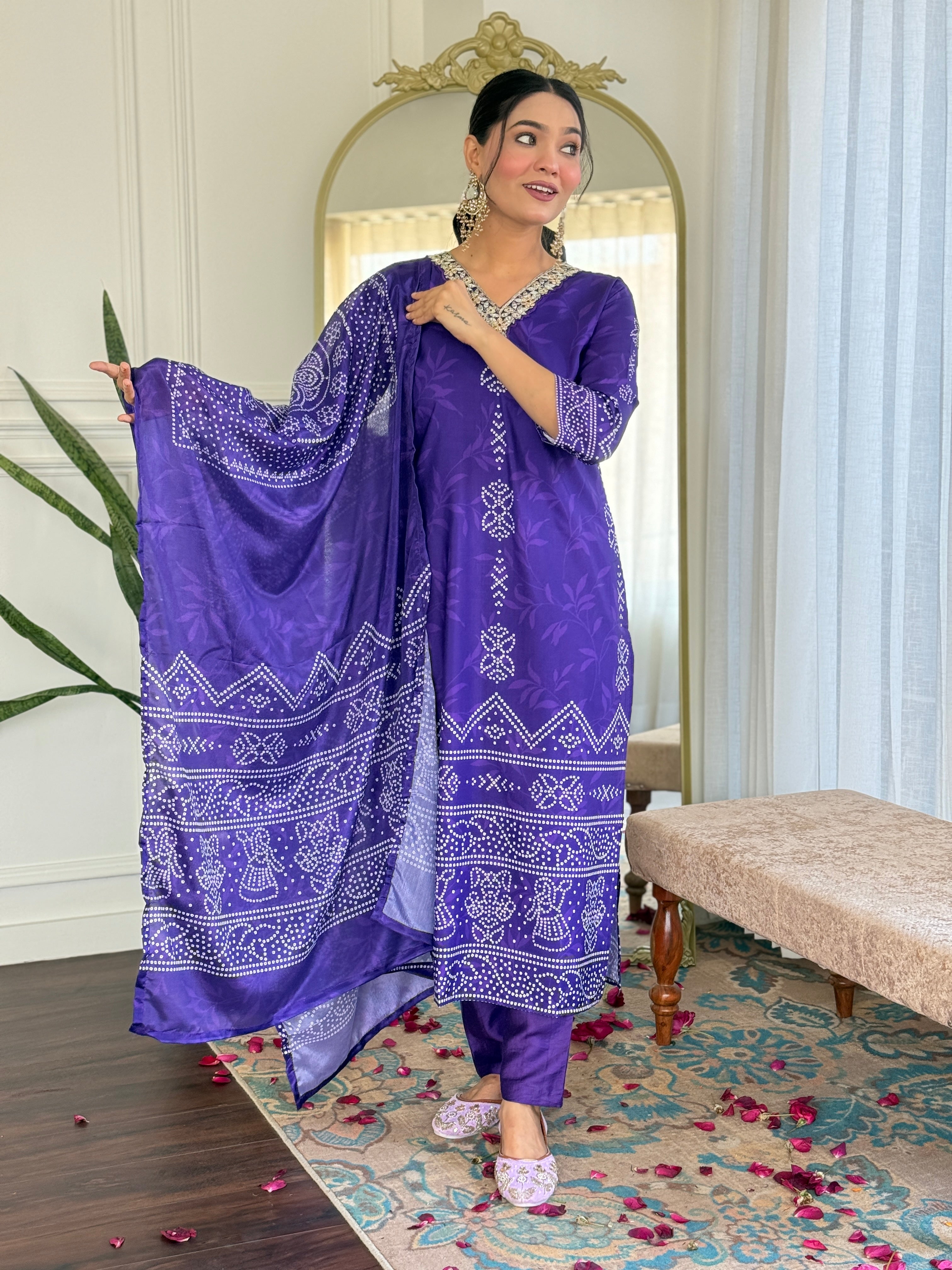 Crepe Bandhani Printed Pant-Bottom Readymade Salwar Kameez For Traditional / Religious-Wear
