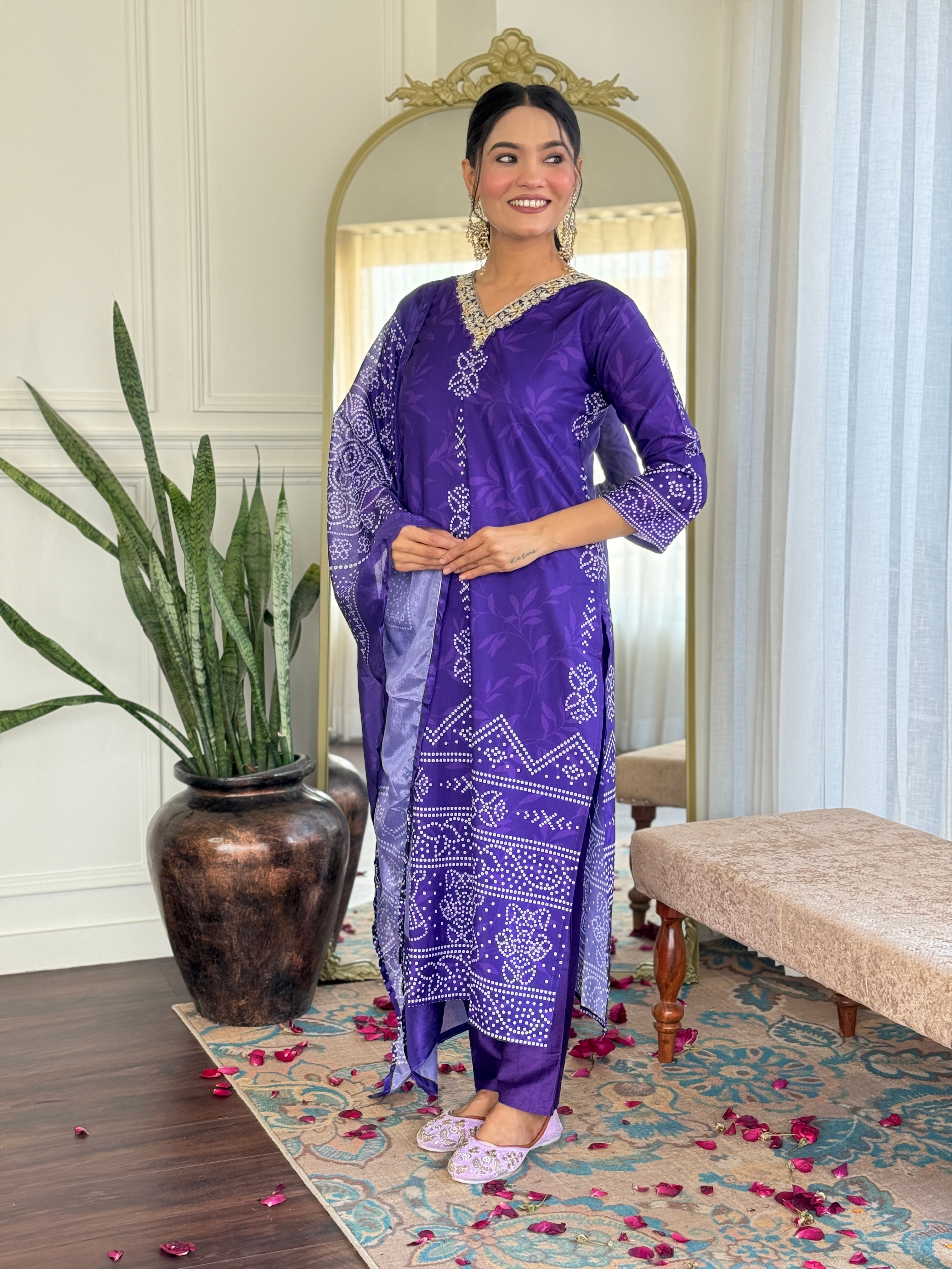 Crepe Bandhani Printed Pant-Bottom Readymade Salwar Kameez For Traditional / Religious-Wear