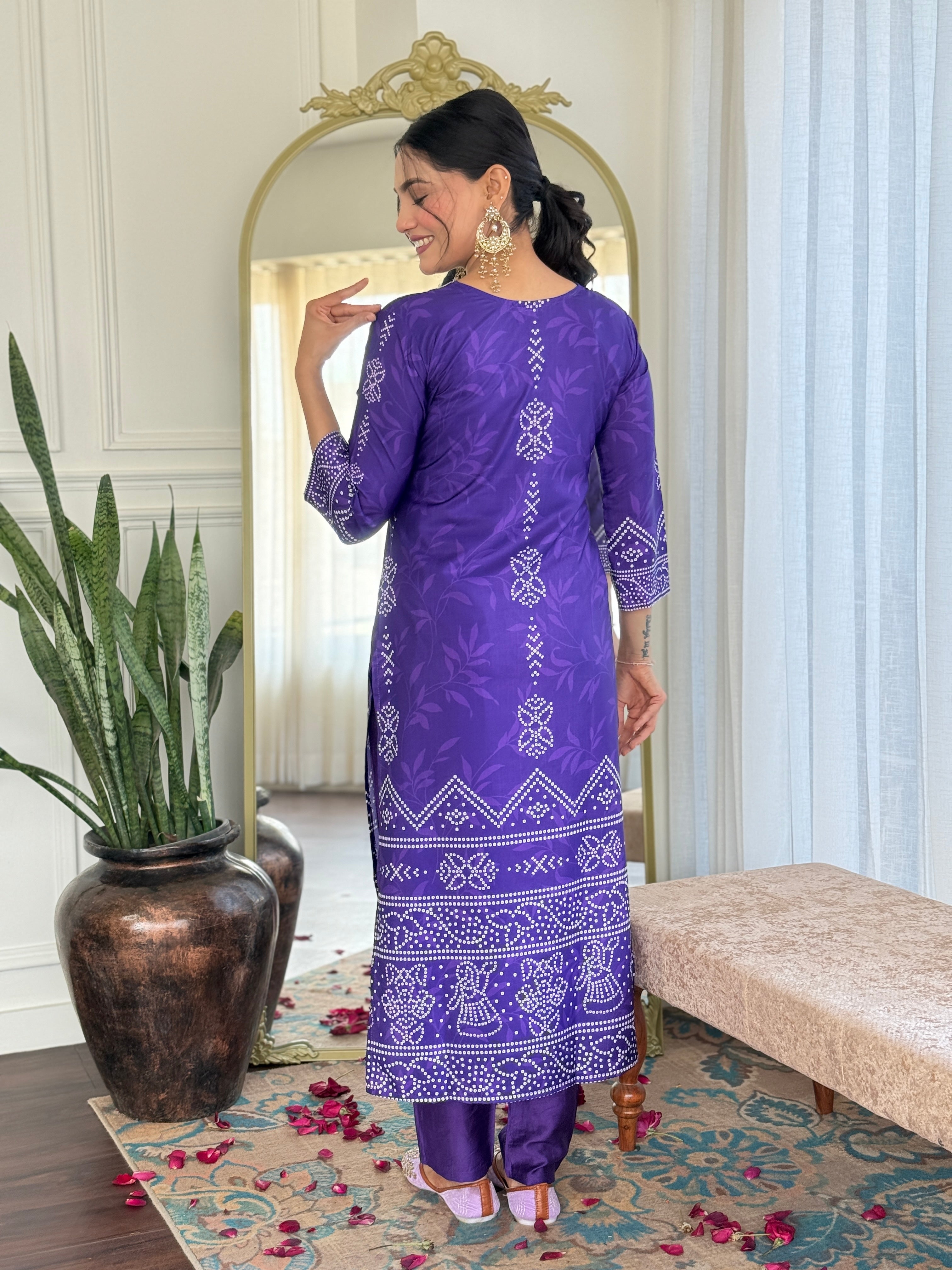 Crepe Bandhani Printed Pant-Bottom Readymade Salwar Kameez For Traditional / Religious-Wear