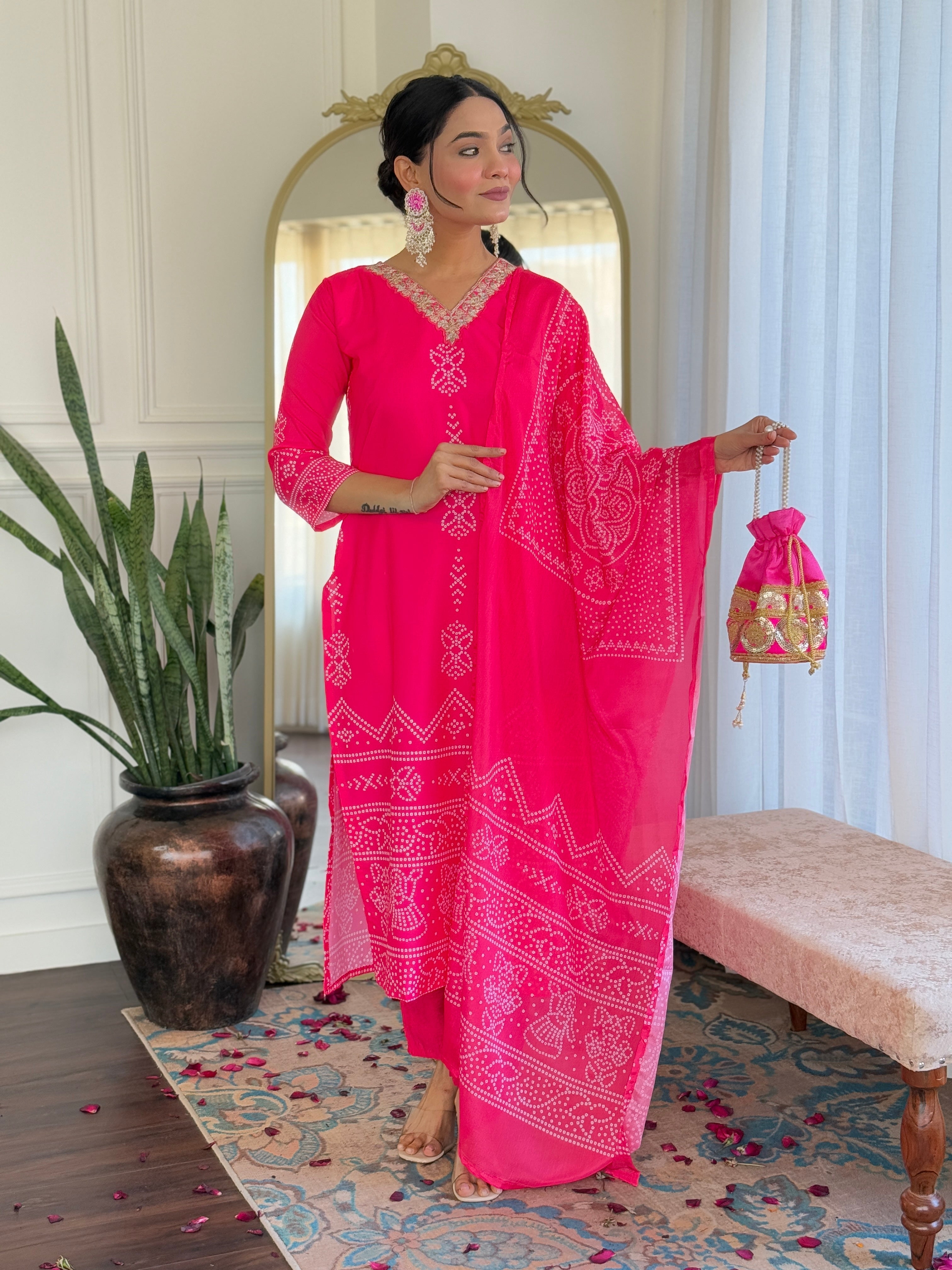 Crepe Bandhani Printed Pant-Bottom Readymade Salwar Kameez For Traditional / Religious-Wear