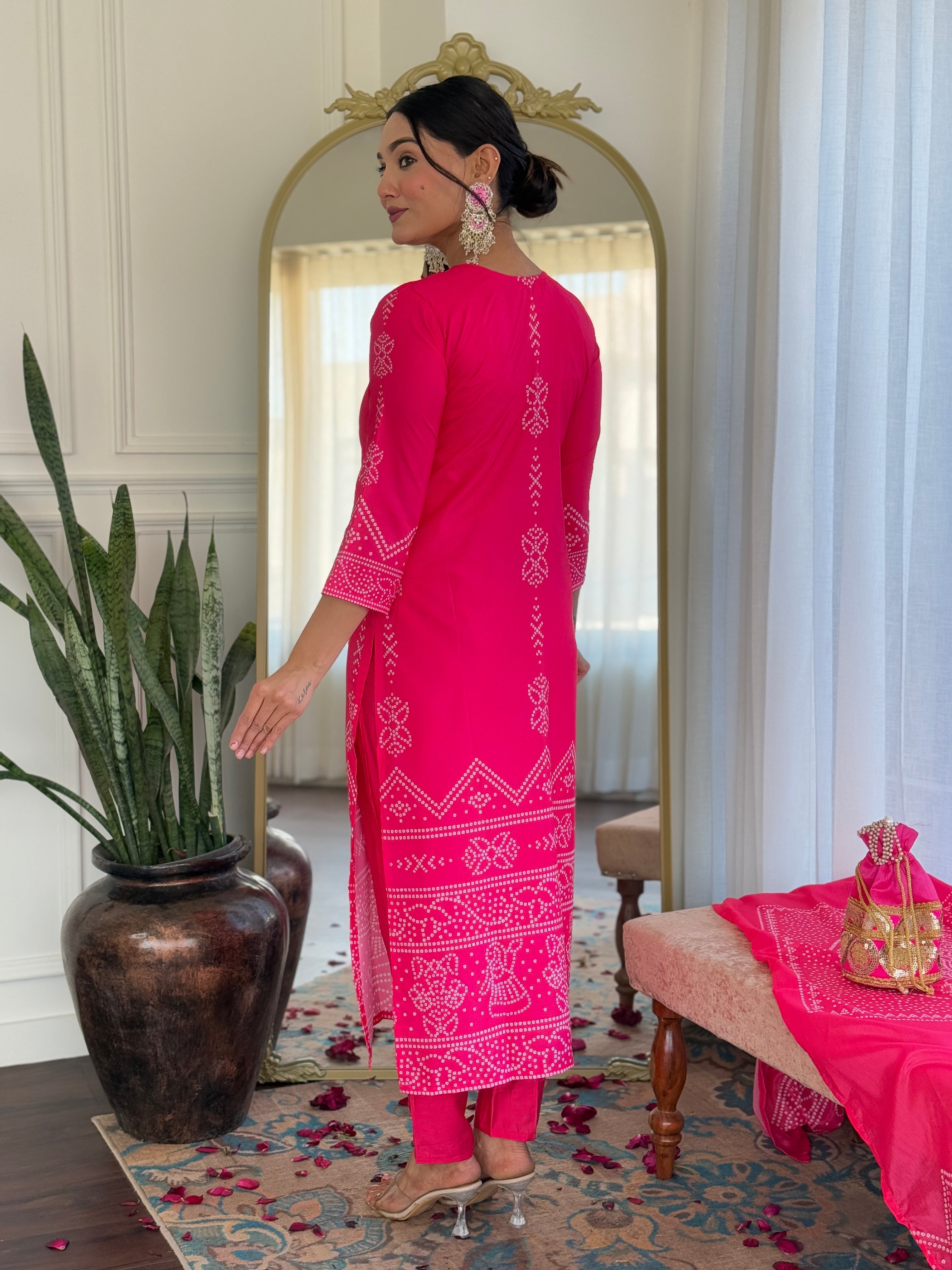 Crepe Bandhani Printed Pant-Bottom Readymade Salwar Kameez For Traditional / Religious-Wear