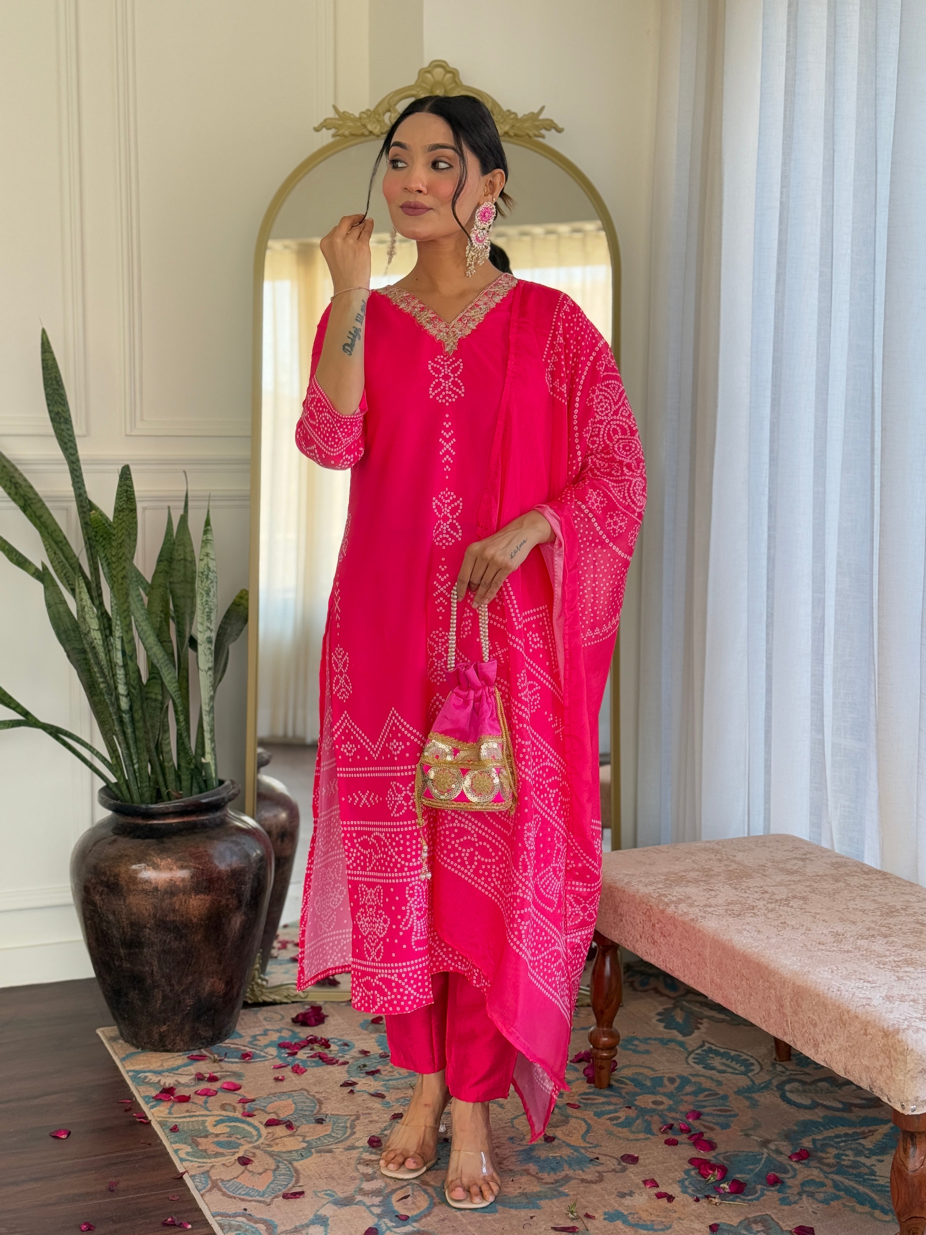 Crepe Bandhani Printed Pant-Bottom Readymade Salwar Kameez For Traditional / Religious-Wear