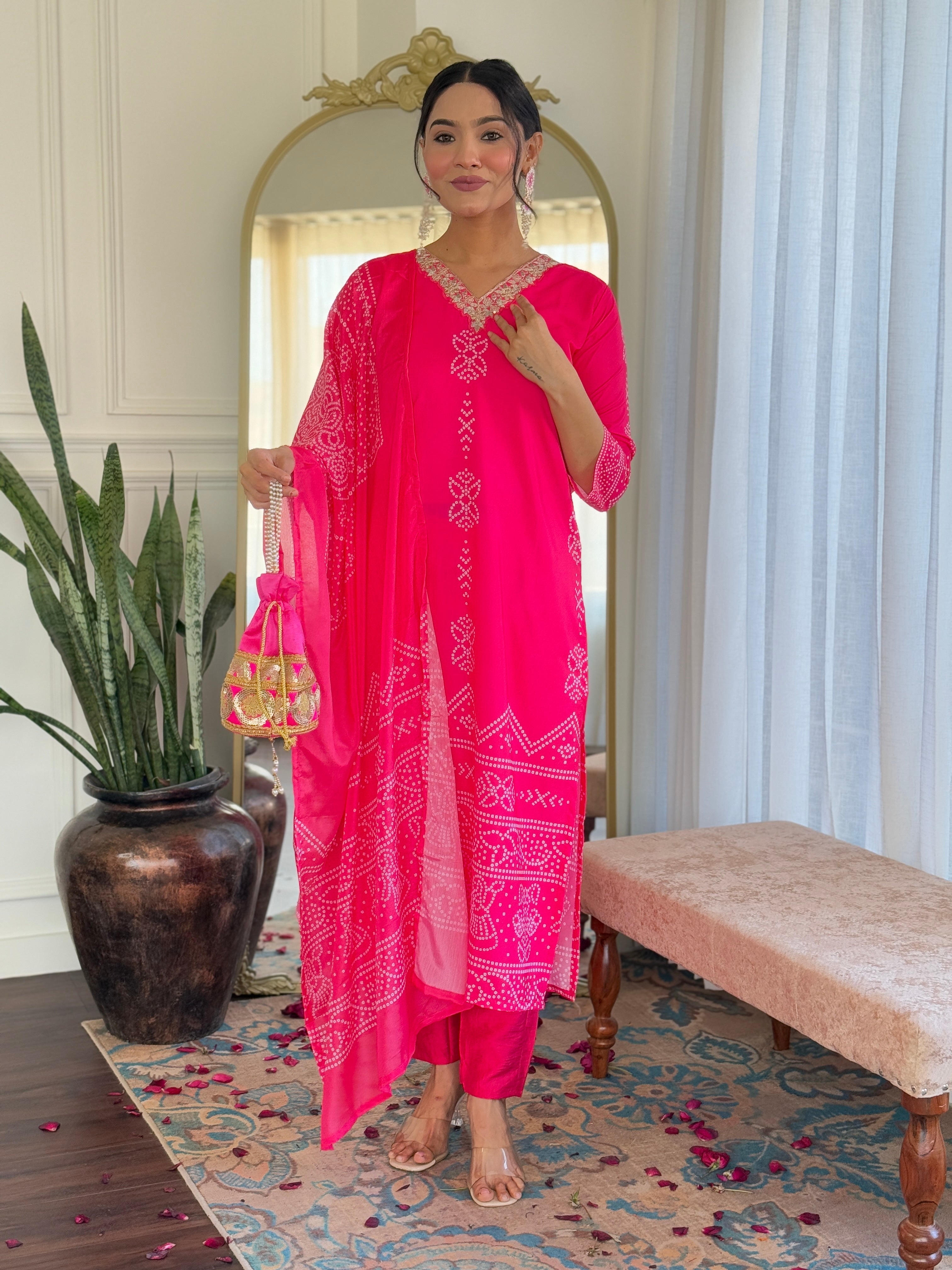 Crepe Bandhani Printed Pant-Bottom Readymade Salwar Kameez For Traditional / Religious-Wear