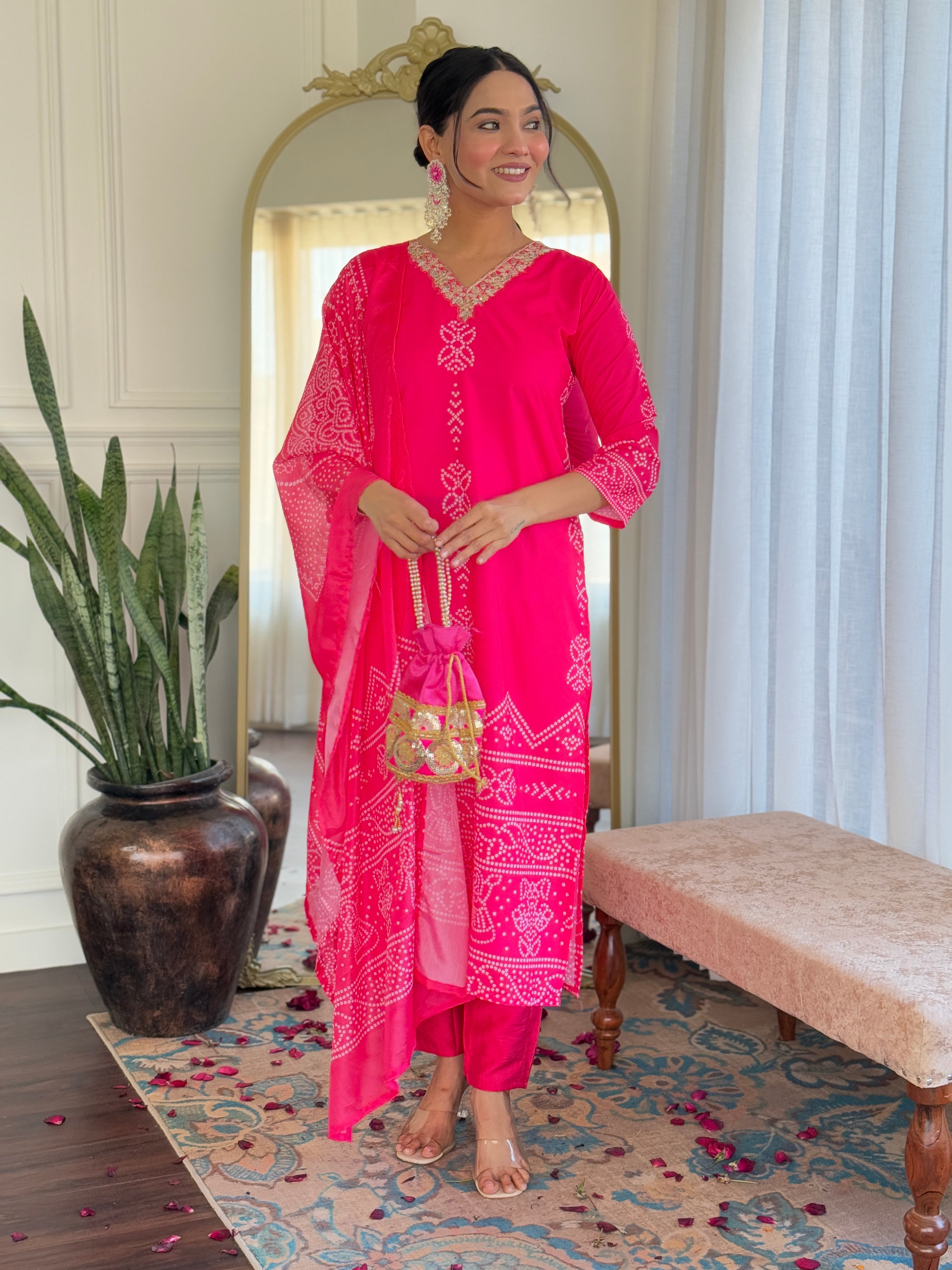 Crepe Bandhani Printed Pant-Bottom Readymade Salwar Kameez For Traditional / Religious-Wear