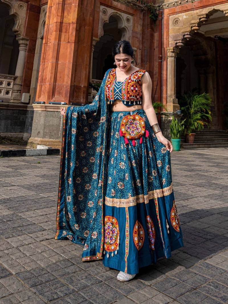 Special Pure Rayon Blue Bandhani Printed Lehenga Choli