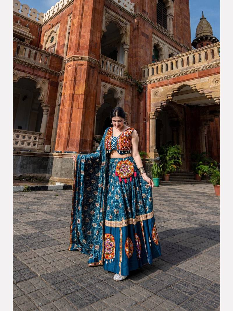 Special Pure Rayon Blue Bandhani Printed Lehenga Choli