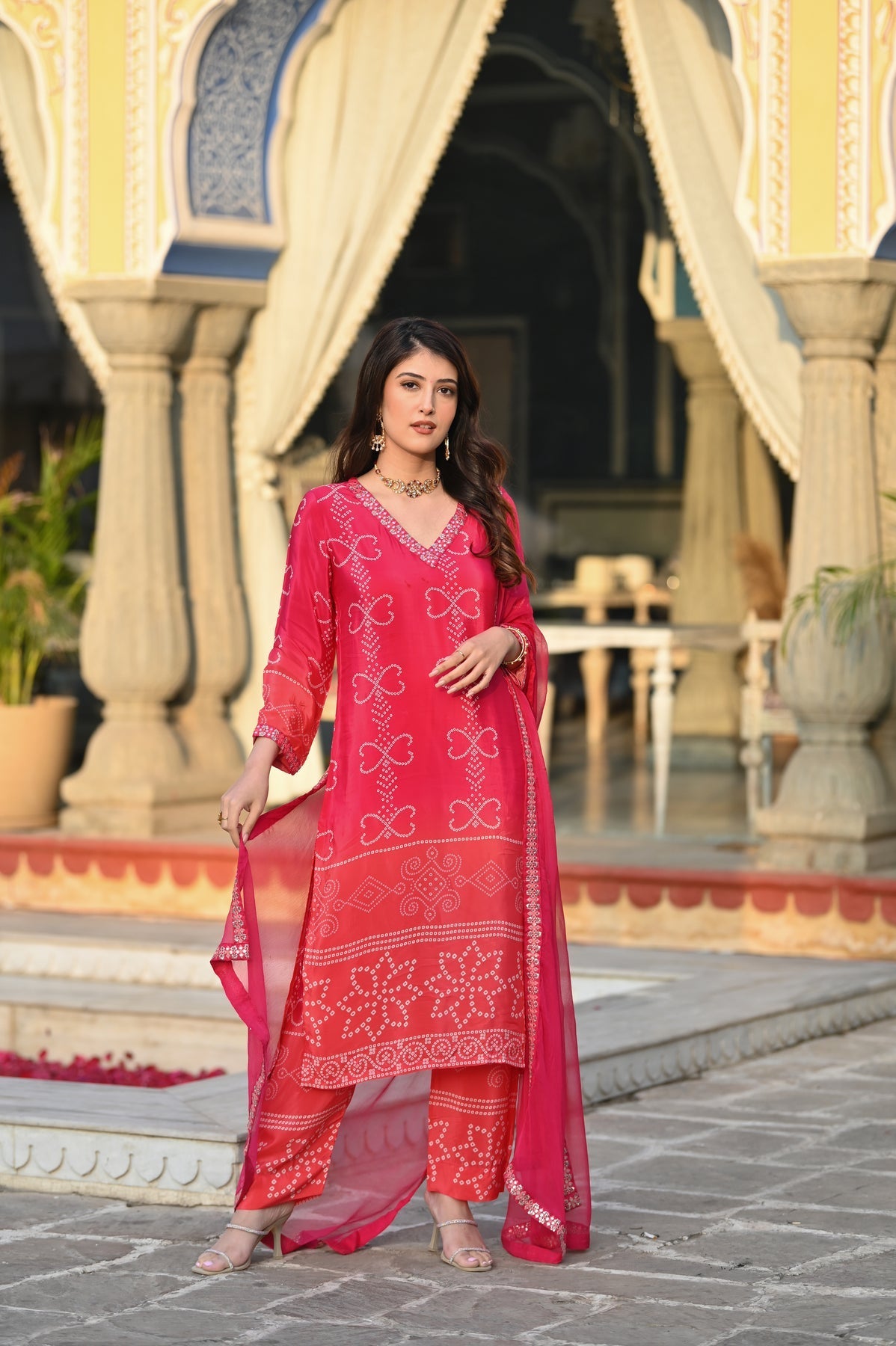Stylish Womens Chinnon Position Print with Embroidered Kurti Pant and Bandhani Printed Embroidered Lace Work Dupatta Set