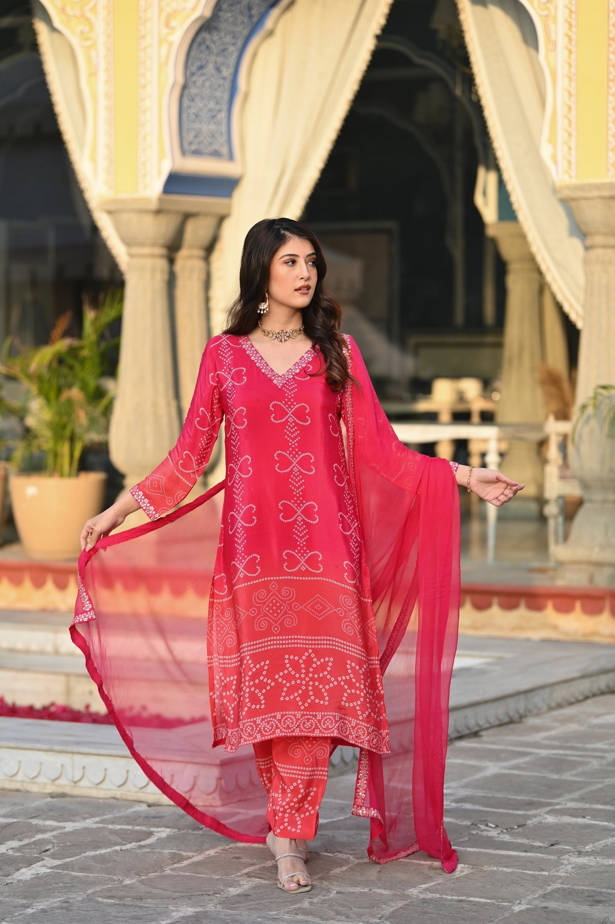 Stylish Womens Chinnon Position Print with Embroidered Kurti Pant and Bandhani Printed Embroidered Lace Work Dupatta Set