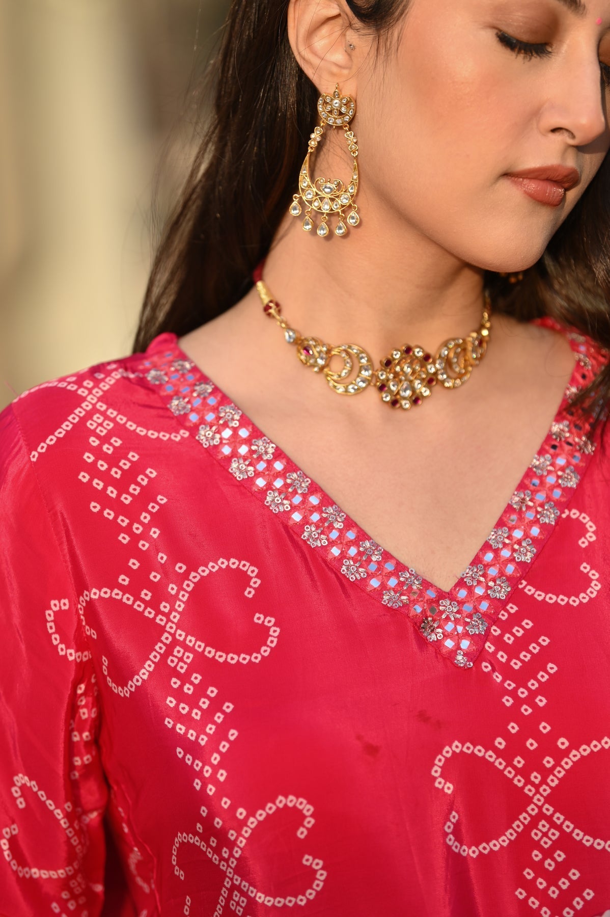 Stylish Womens Chinnon Position Print with Embroidered Kurti Pant and Bandhani Printed Embroidered Lace Work Dupatta Set