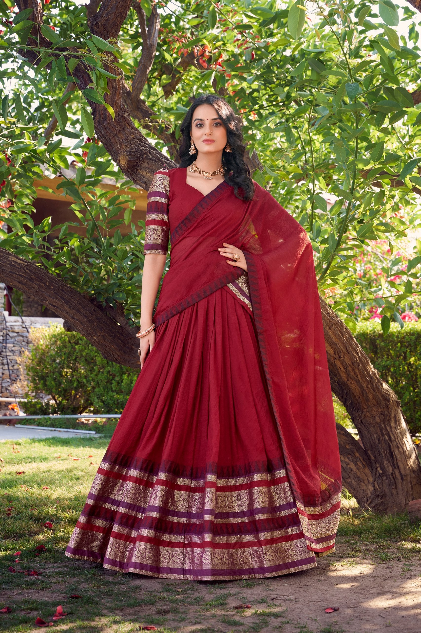 lovely Red Chanderi Silk Zari Weaving Lehenga Choli With Dupatta