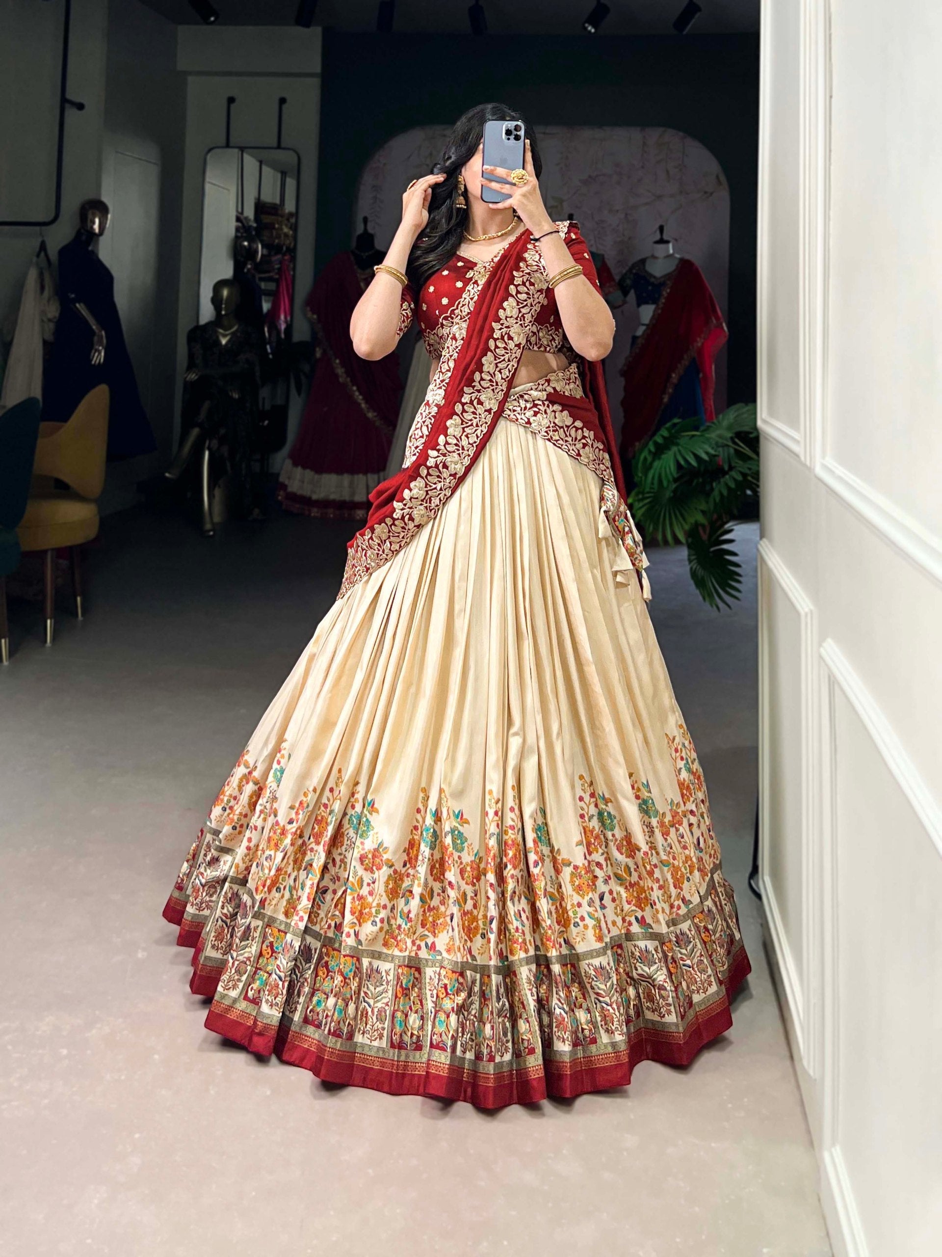 Precious Off White Tussar Silk Foil Work Traditional Lehenga Choli