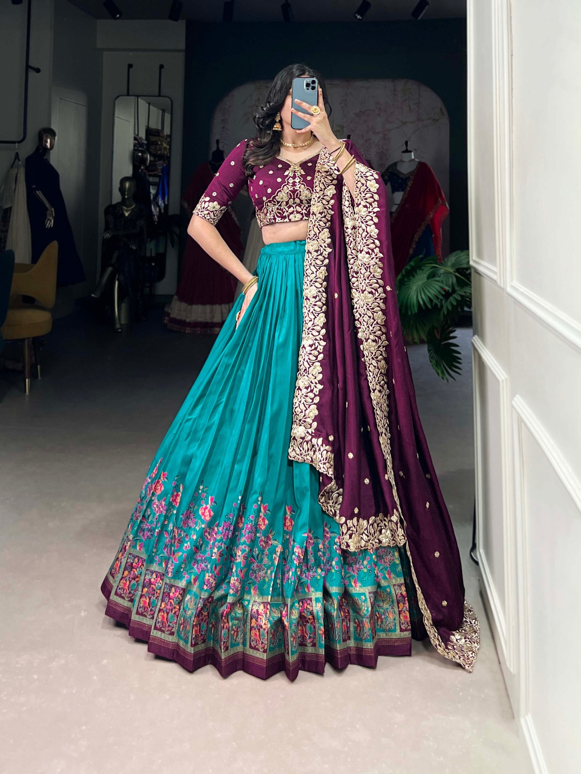 Precious Firozi Tussar Silk Foil Work Traditional Lehenga Choli