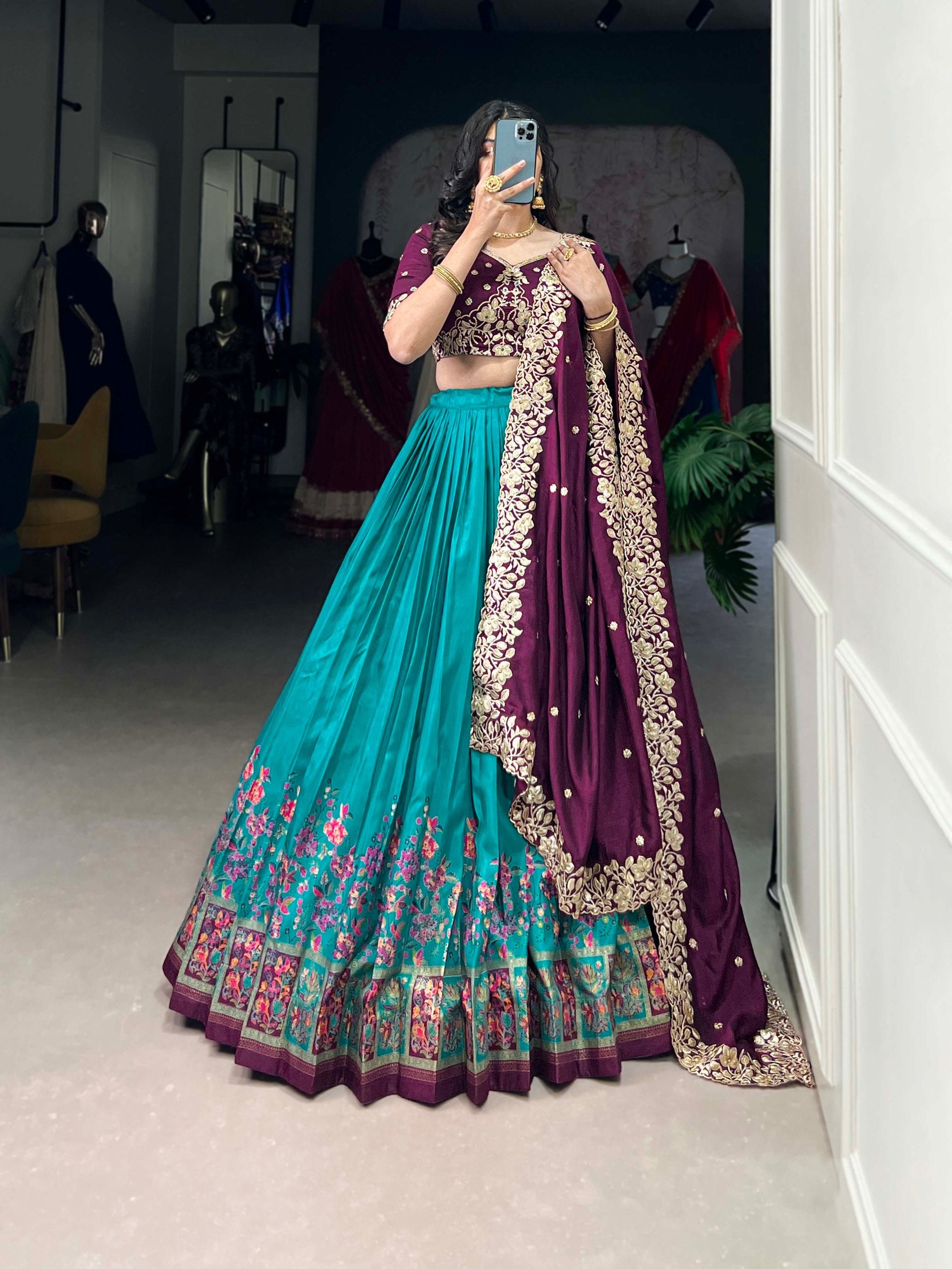 Precious Firozi Tussar Silk Foil Work Traditional Lehenga Choli