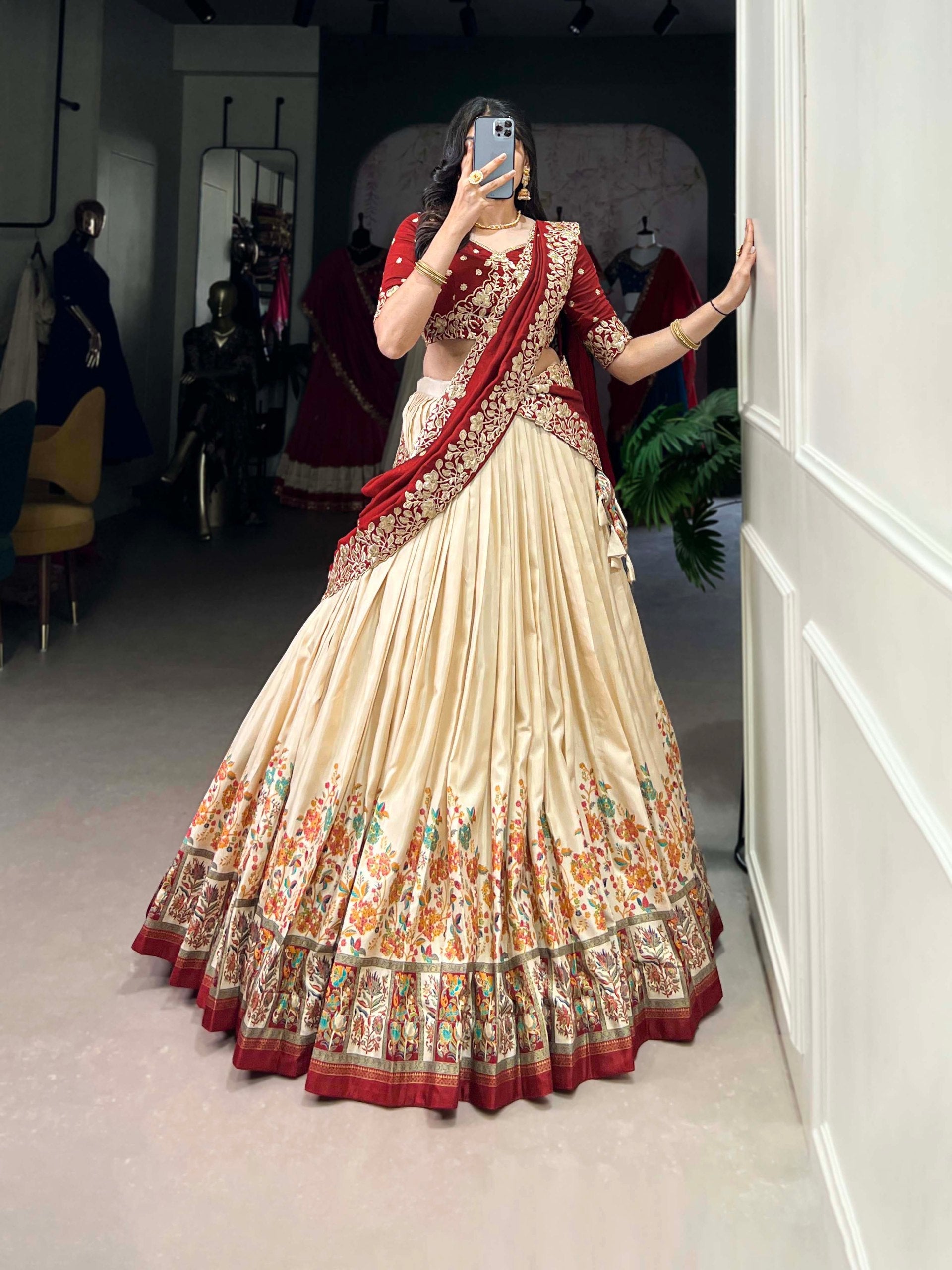 Precious Off White Tussar Silk Foil Work Traditional Lehenga Choli