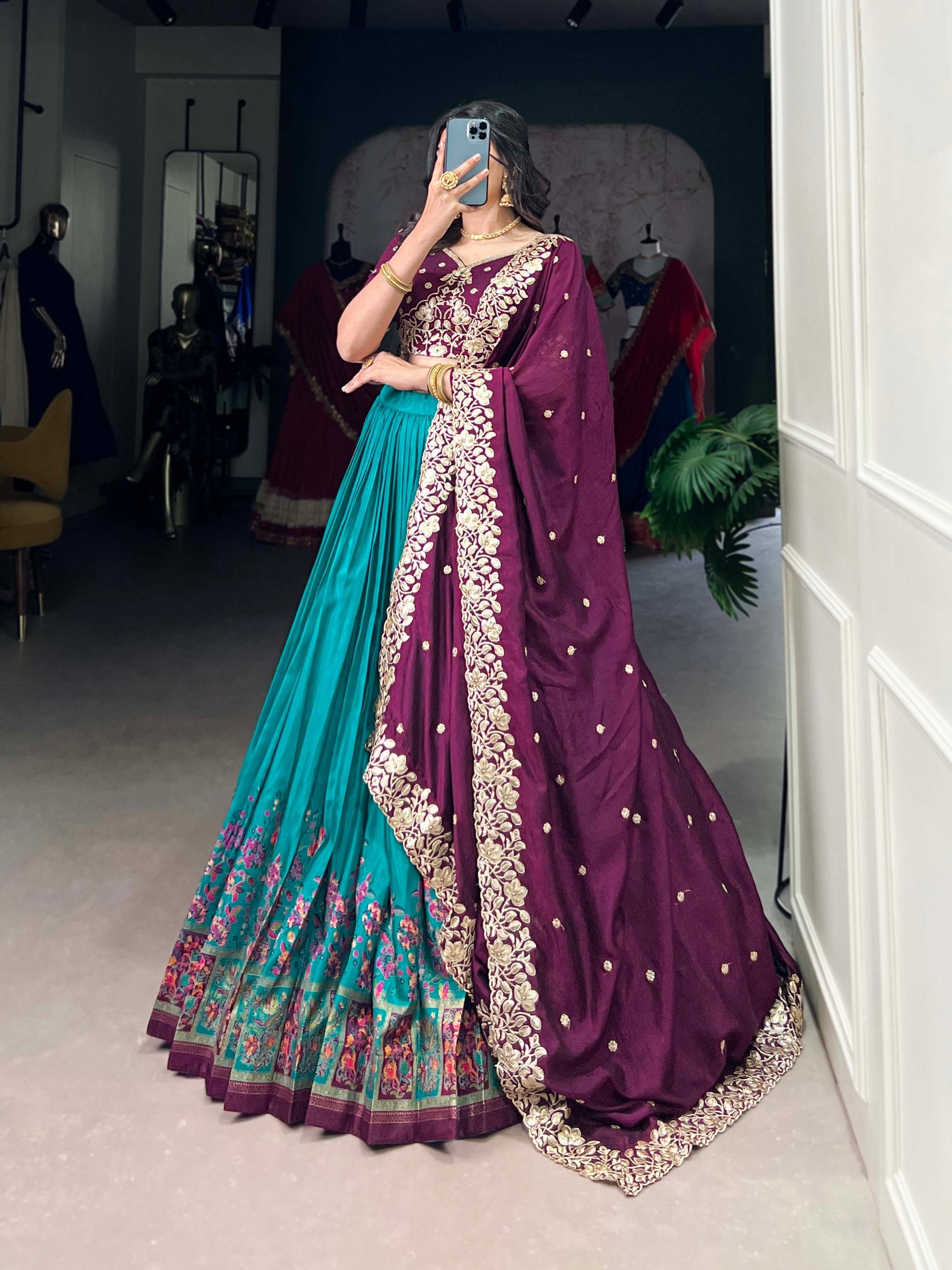 Precious Firozi Tussar Silk Foil Work Traditional Lehenga Choli
