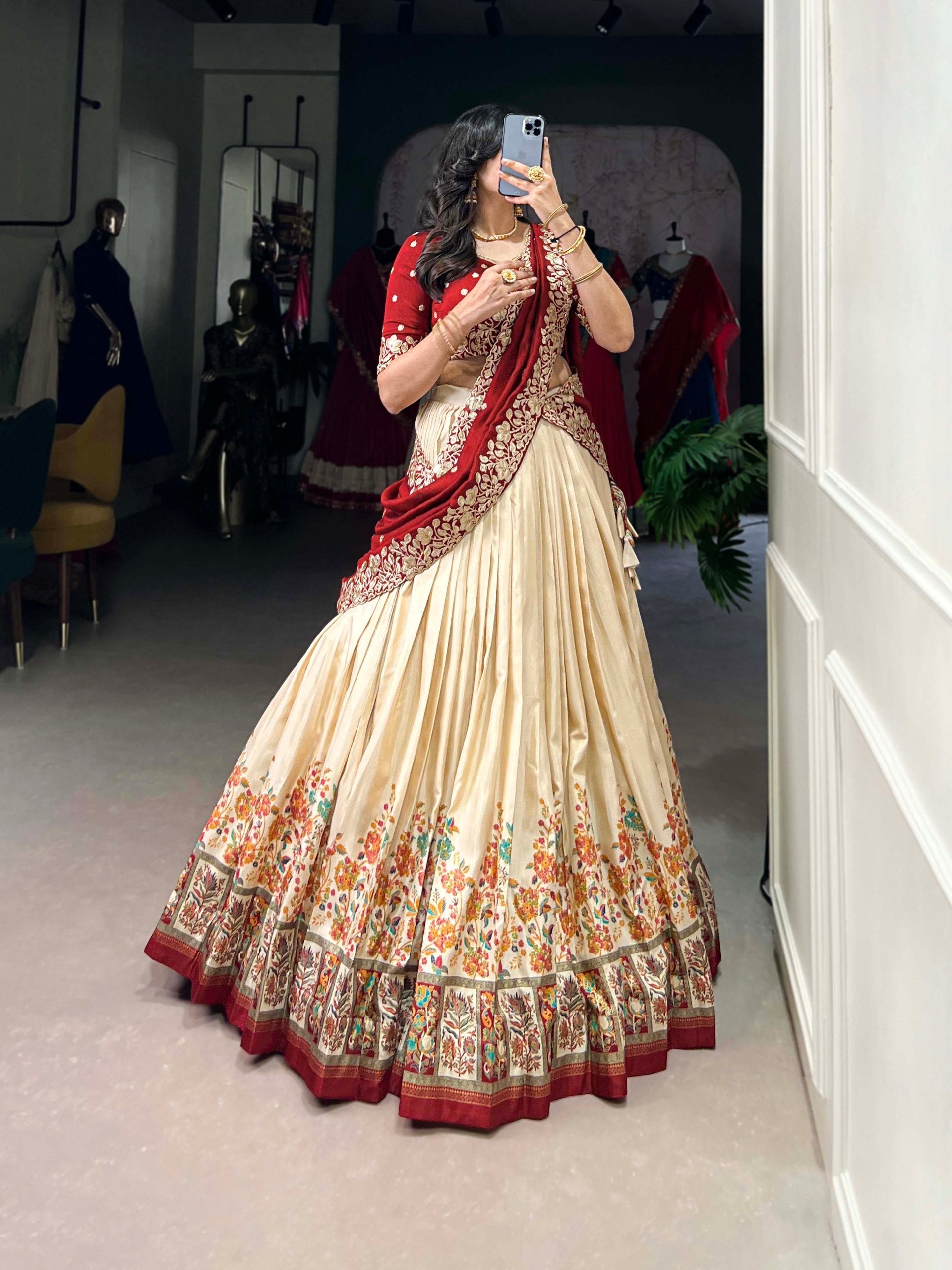 Precious Off White Tussar Silk Foil Work Traditional Lehenga Choli