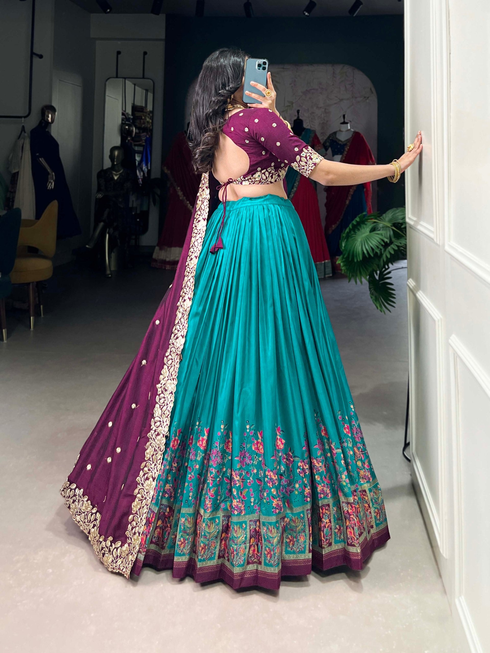 Precious Firozi Tussar Silk Foil Work Traditional Lehenga Choli
