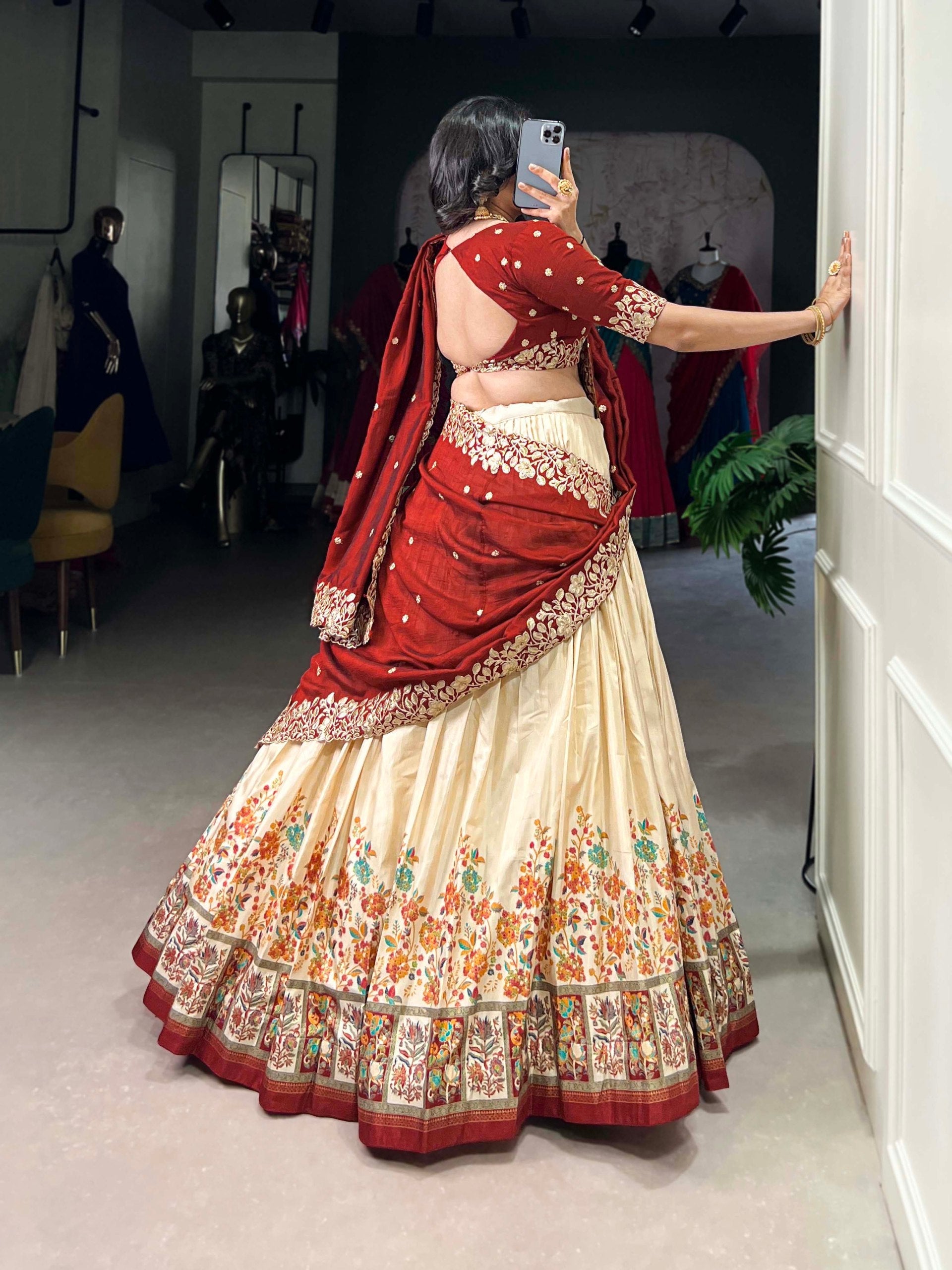 Precious Off White Tussar Silk Foil Work Traditional Lehenga Choli