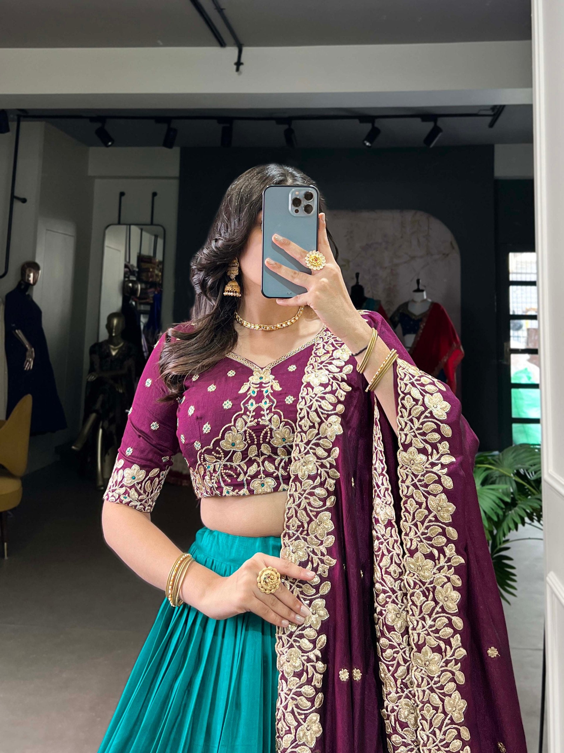 Precious Firozi Tussar Silk Foil Work Traditional Lehenga Choli