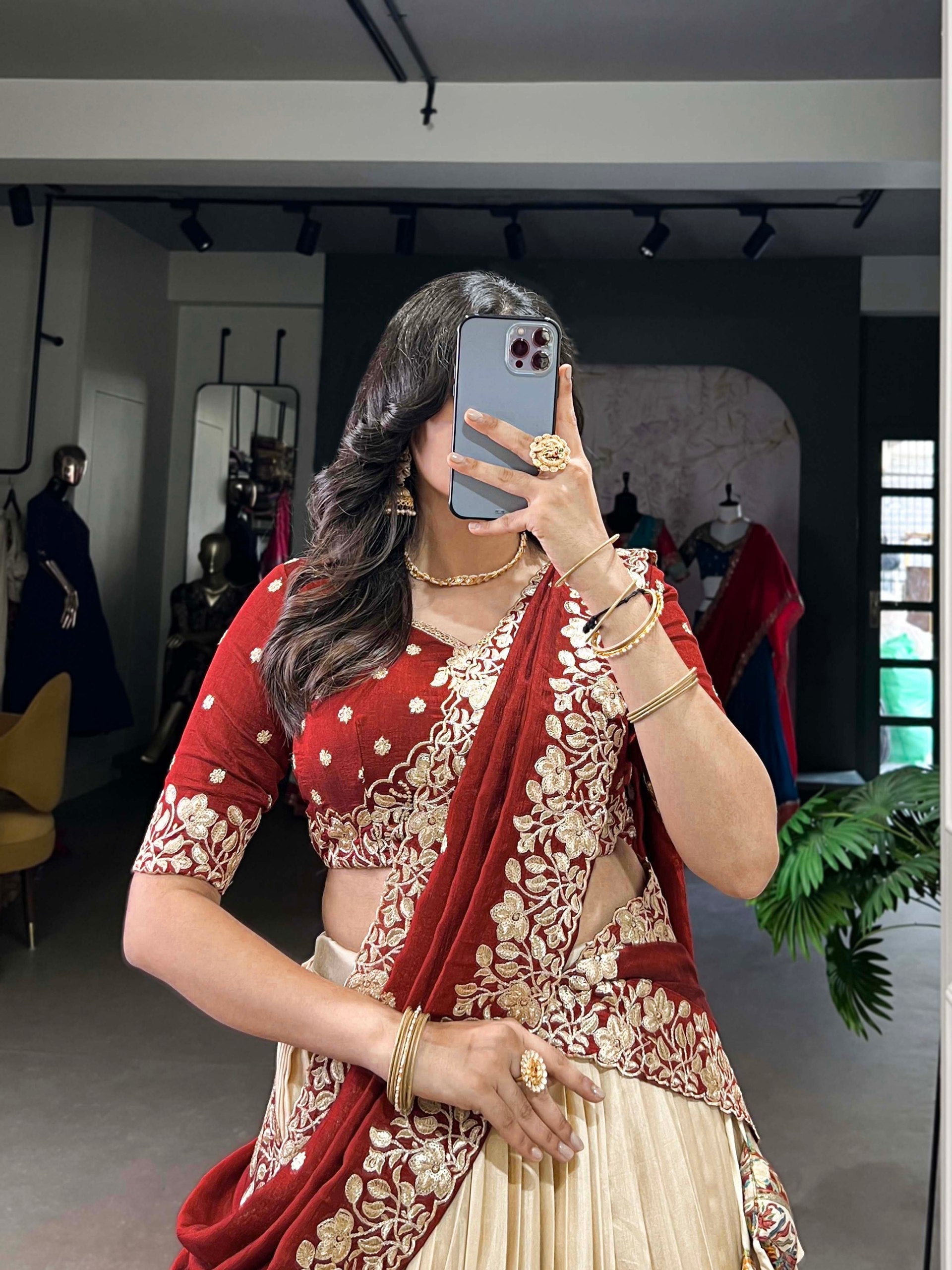 Precious Off White Tussar Silk Foil Work Traditional Lehenga Choli