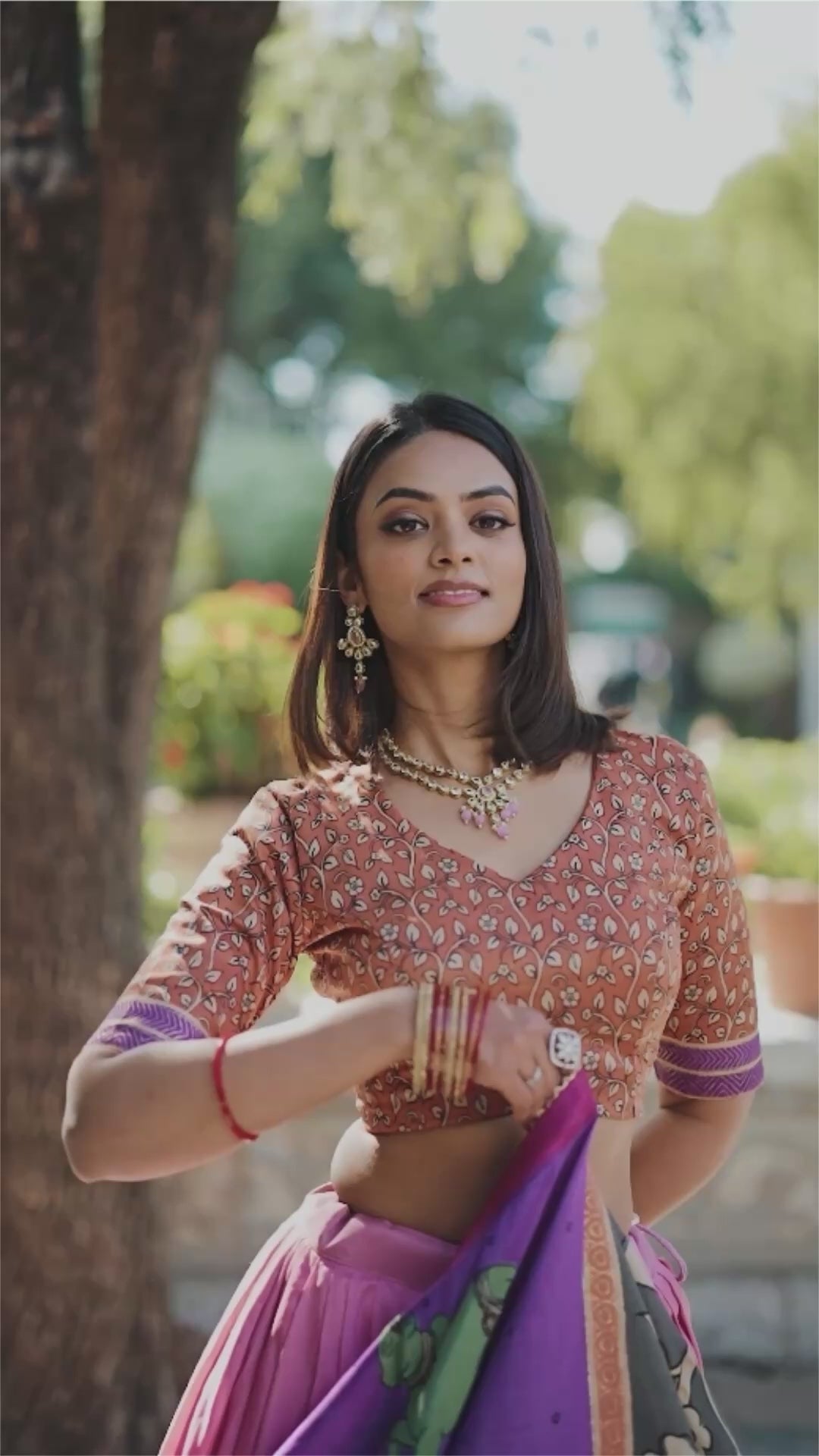 Peach Kalamkari Lehenga in Tussar Silk With Foil Work Lehenga