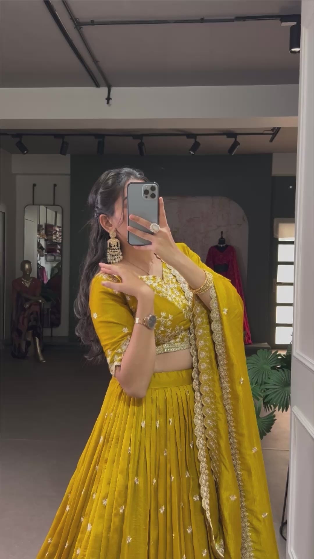 Mustard Yellow Embroidered Vichitra Silk Lehenga Set with Sequins Detailing