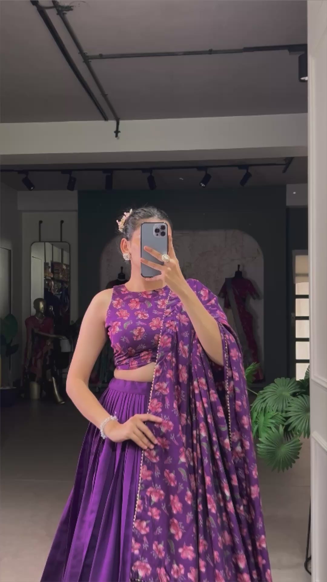 Designer Navy Blue Tussar Silk Floral Printed Lehenga Choli