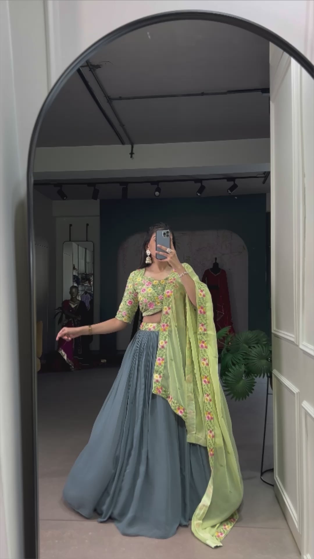 Gray and Pista Bridesmaid Attire With Sequins & Thread Embroidery Work Belt Lehenga Choli