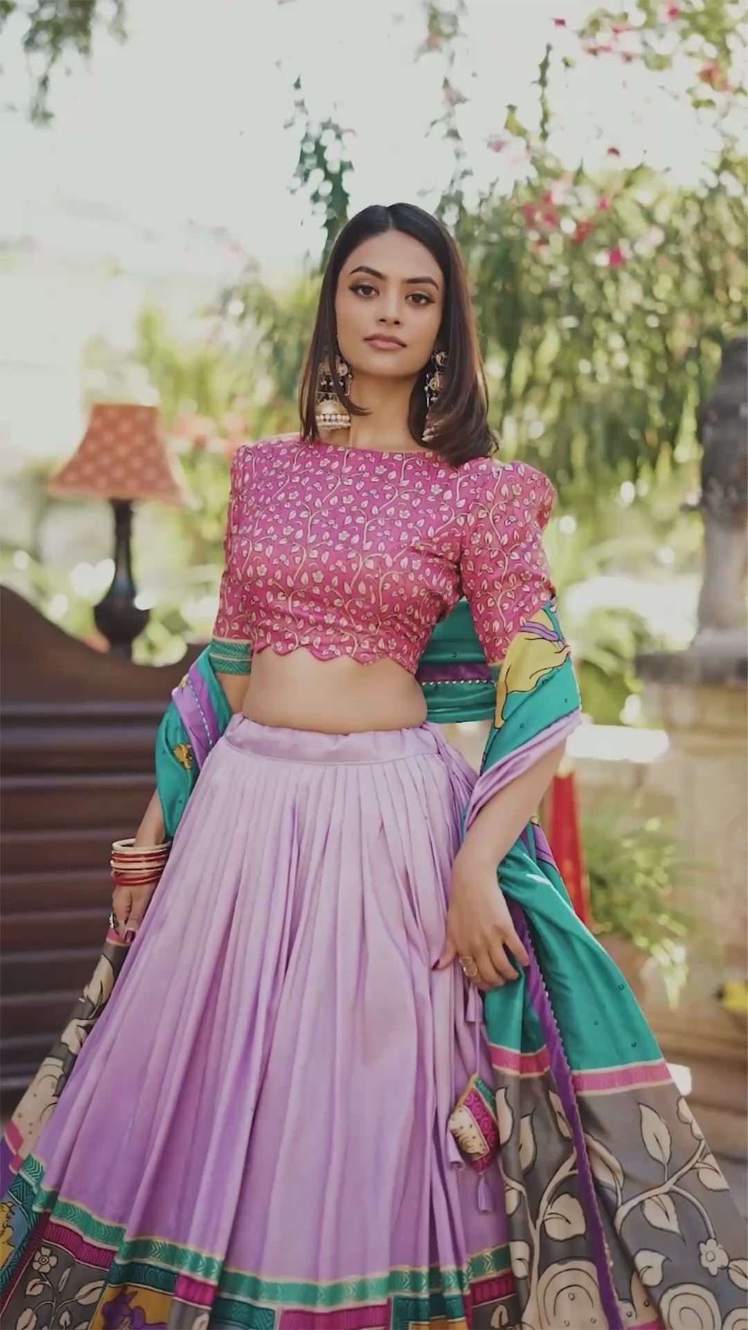 Lavender Kalamkari Lehenga in Tussar Silk With Foil Work Lehenga