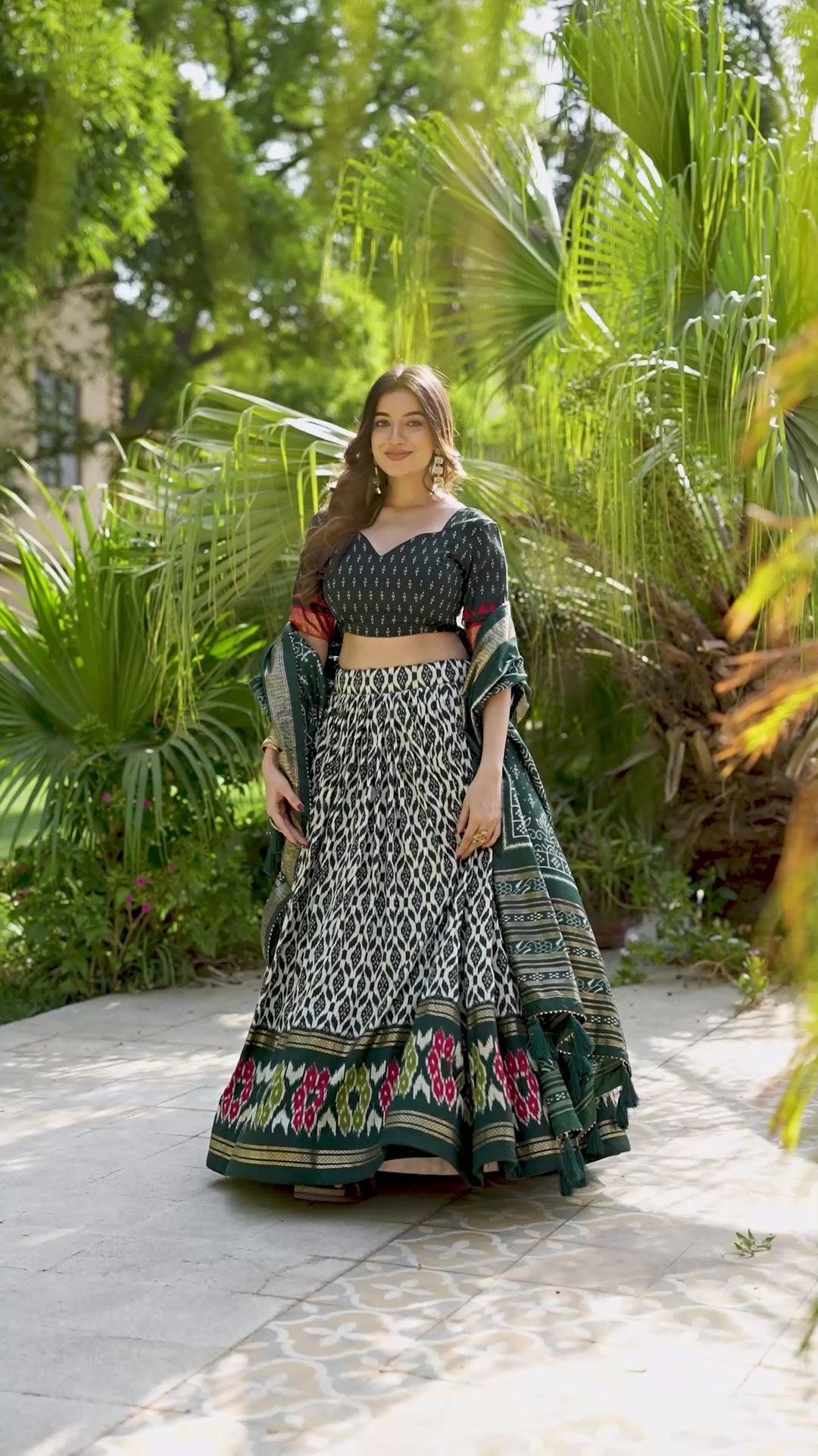 Patola Printed Tussar Silk Lehenga in Dark Green
