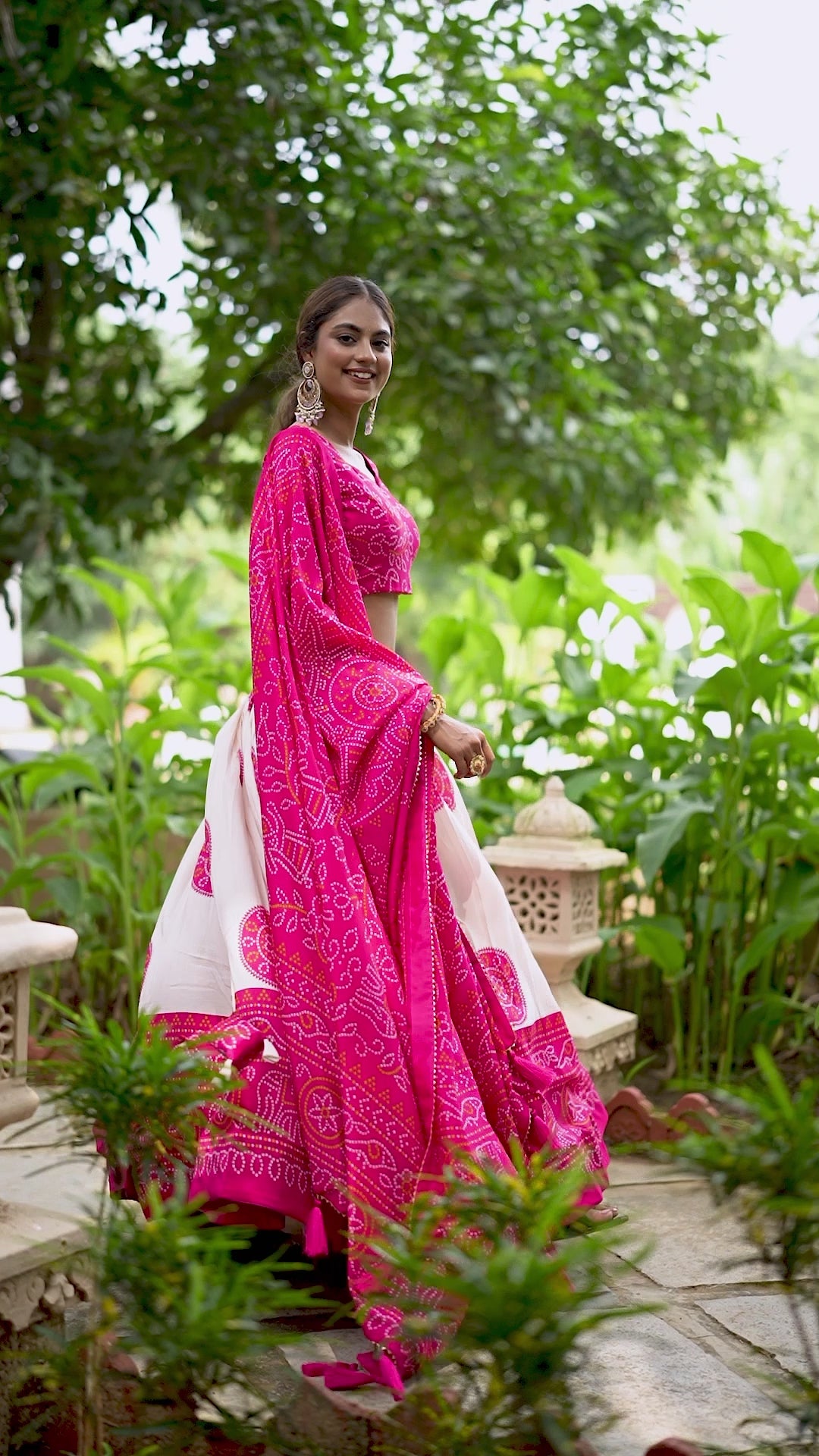 Pink Color Bandhej Printed Tussar Silk Indian Lehenga Choli